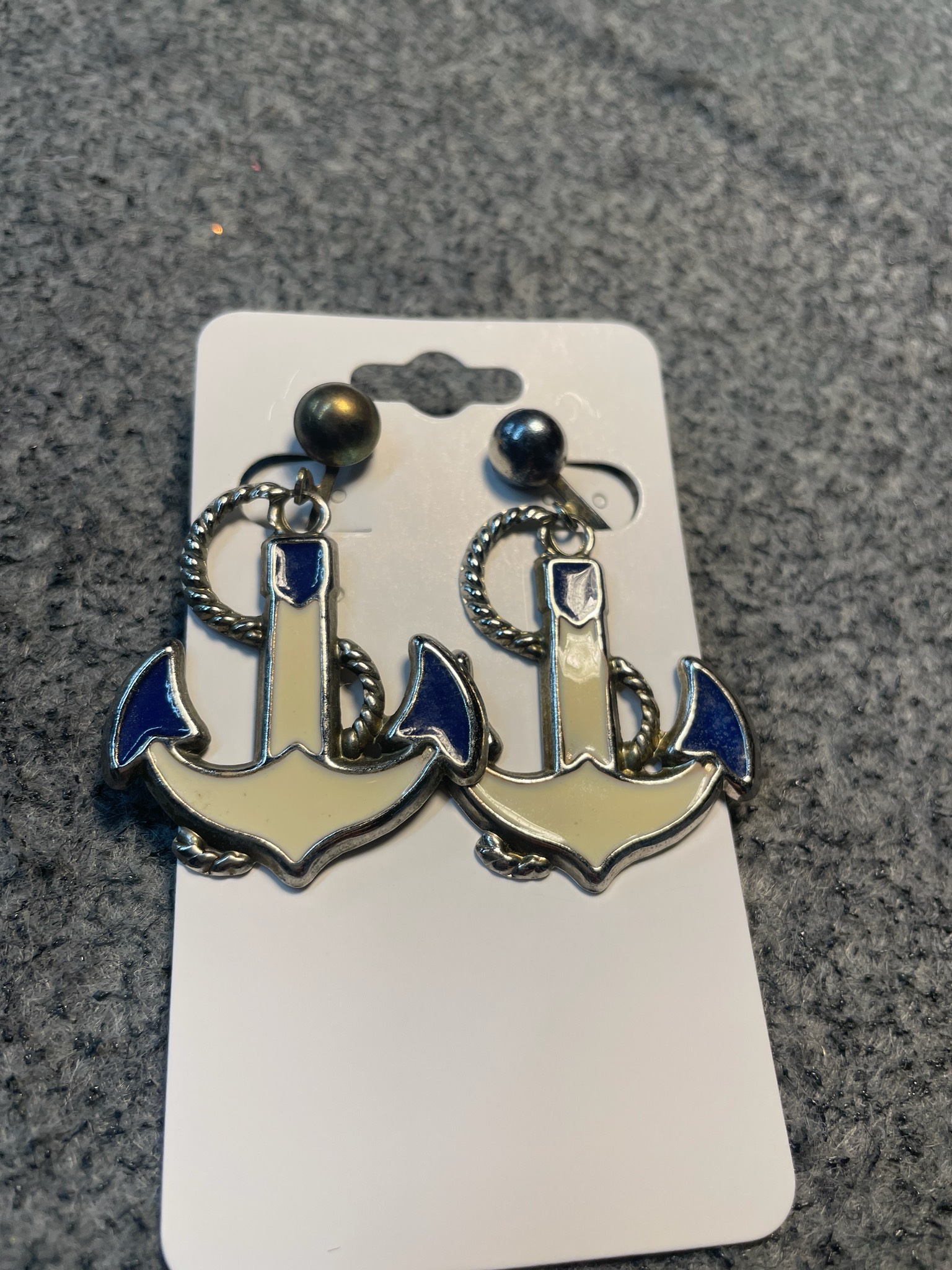Vintage Cream and Navy Enamel Anchor Clip-On Earrings