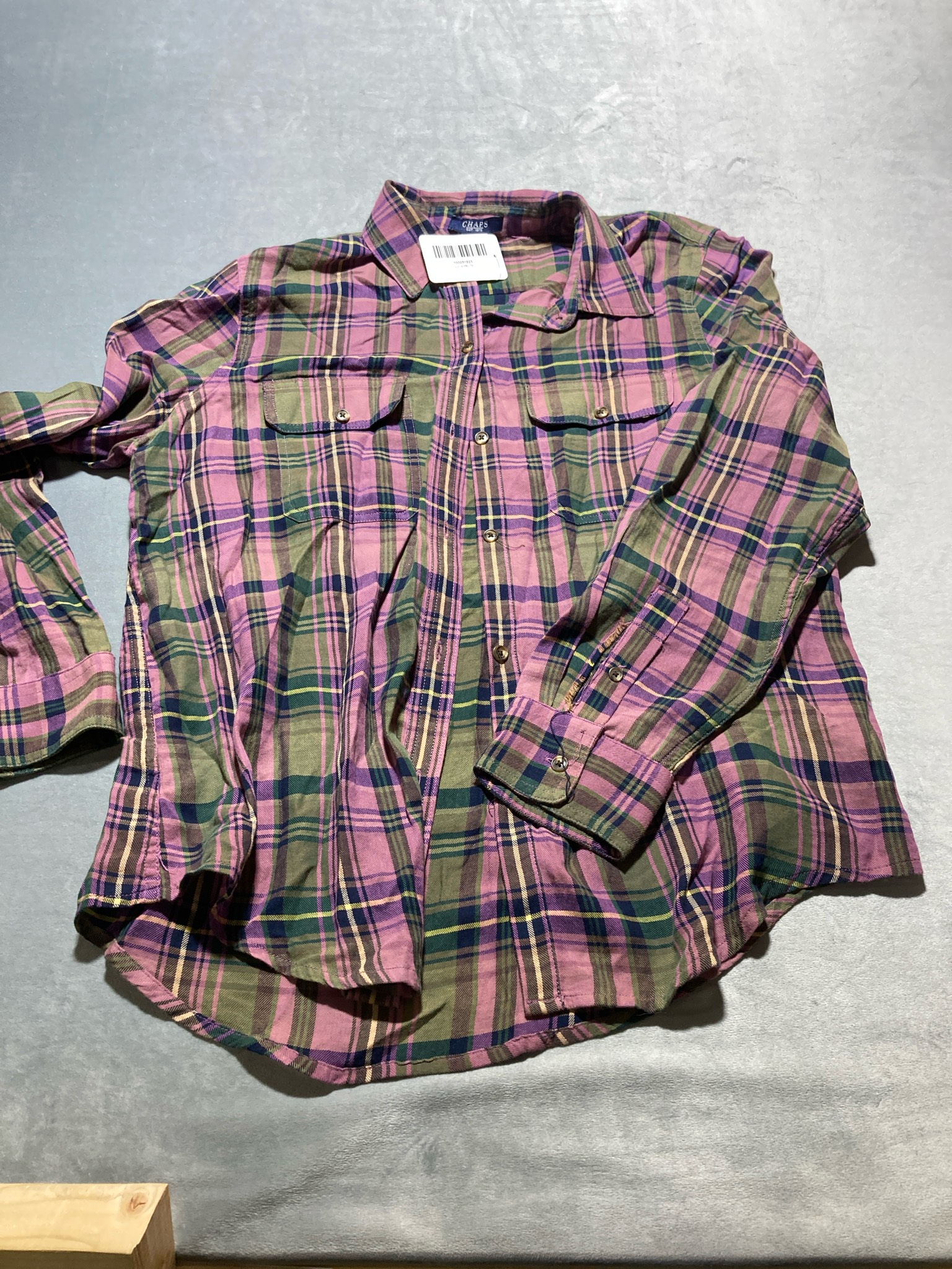 Chaps Pink Green Plaid Cotton Button-Up Shirt Size Large
