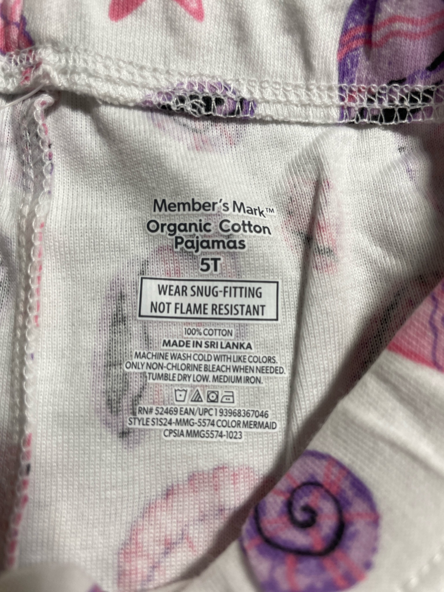 Member's Mark White and purple Seashell Organic Cotton Pajama Bottoms Size 5T
