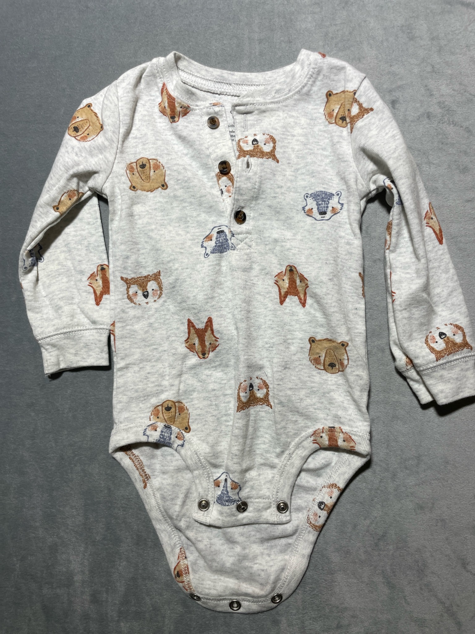 Carter's Light Heather Gray Woodland Print Cotton-Blend Long-Sleeve onesie Size 12M