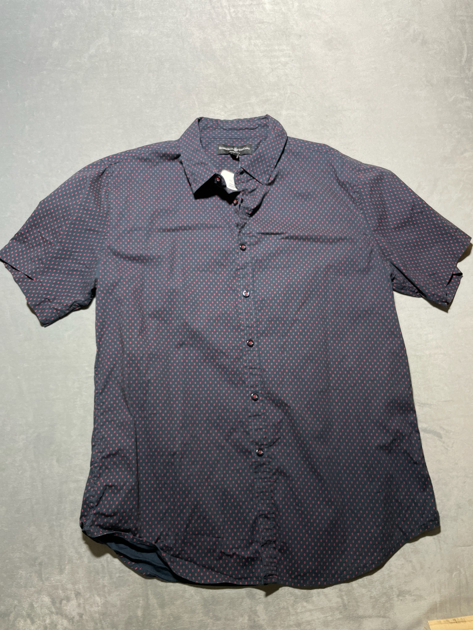Beverly Hills Polo Club Navy Micro Diamond Stretch Short Sleeve Button-Up Shirt Size L