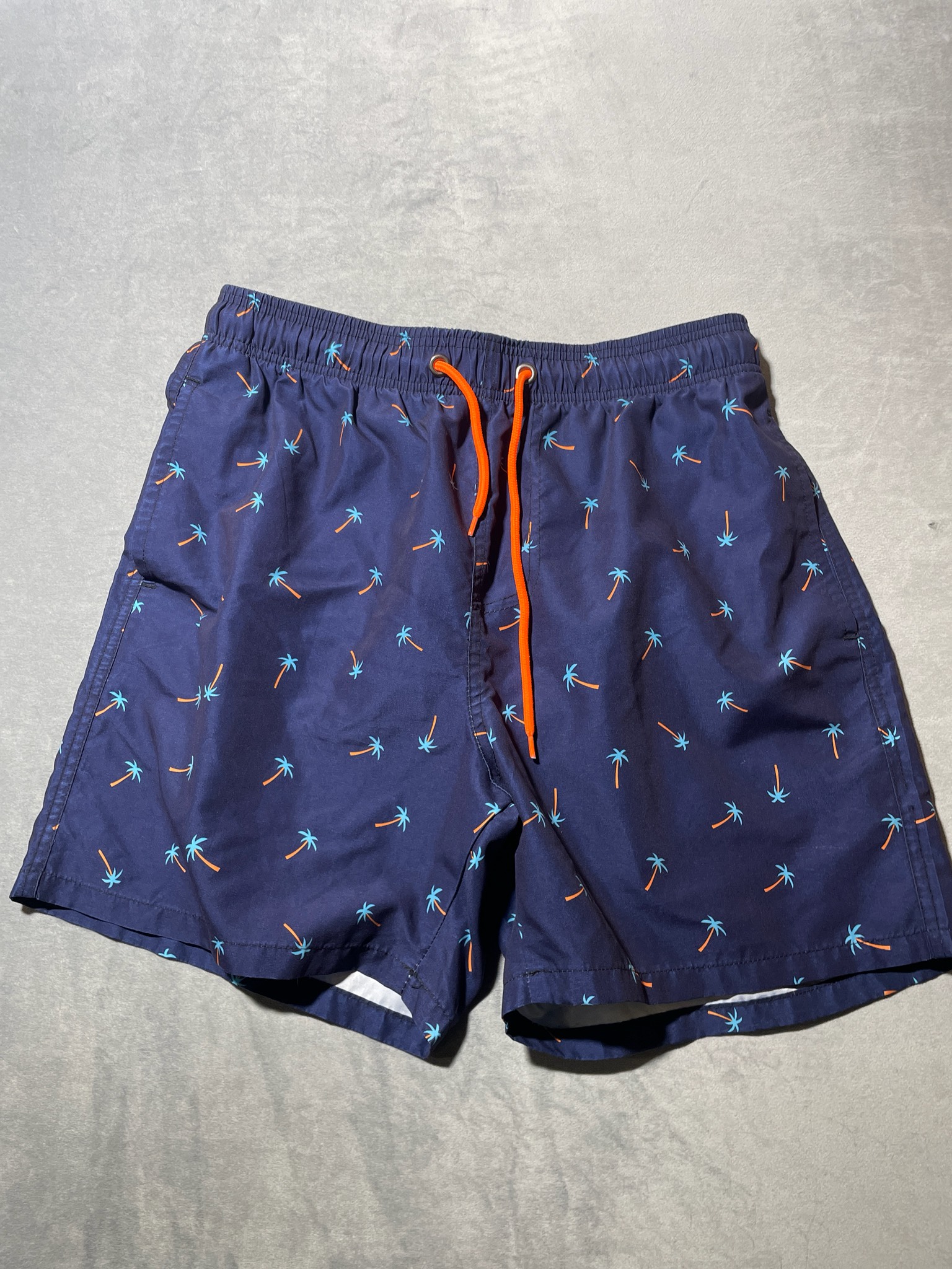 Navy Palm Tree Polyester Swim Shorts Size Medium