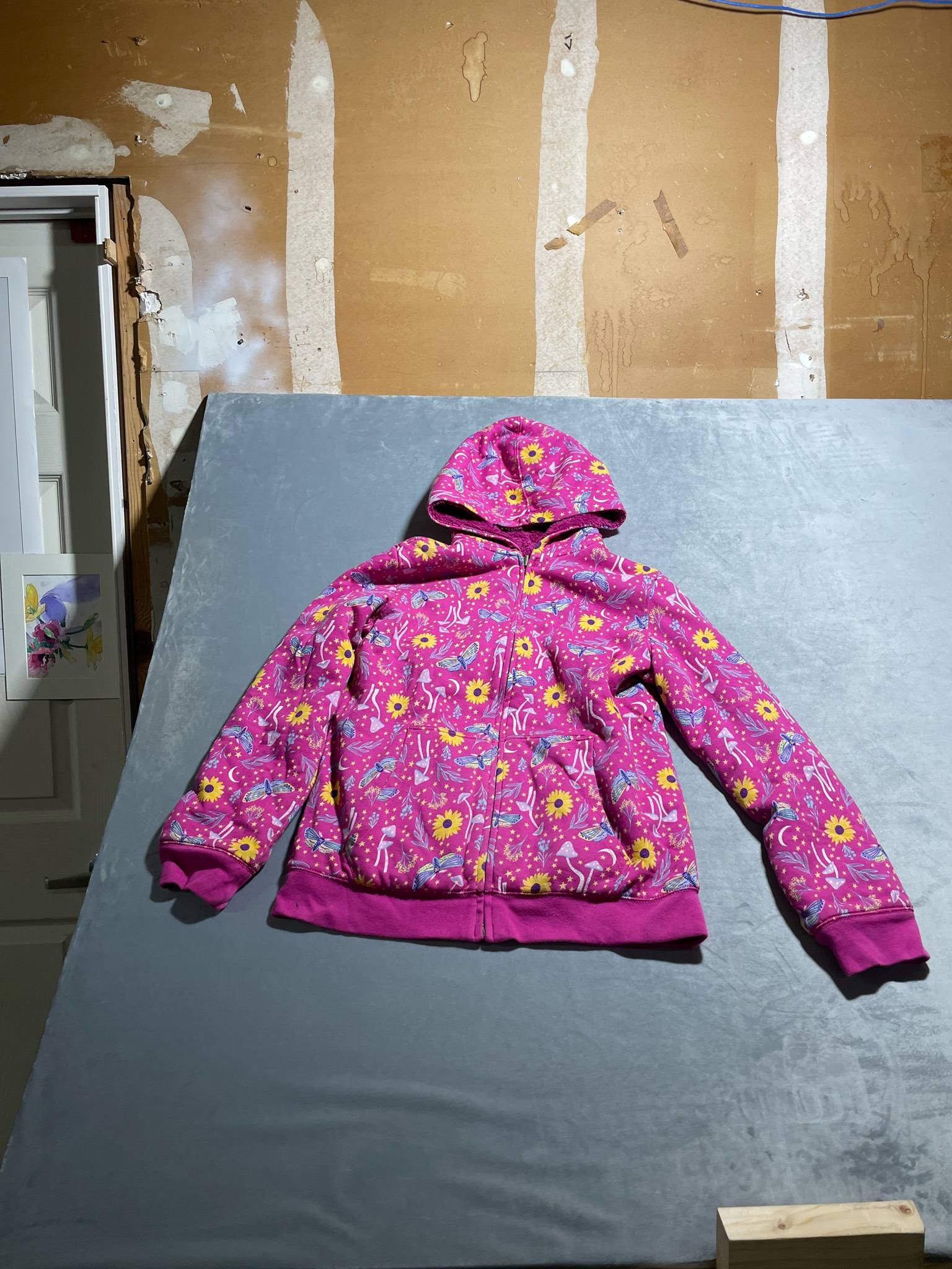 Magenta Sunflower Print Fleece-Lined zip up hoodie