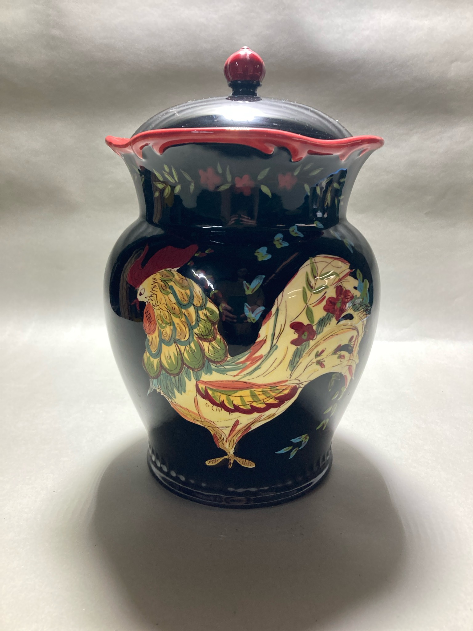 April Cornell Black Glazed Rooster Lidded Jar