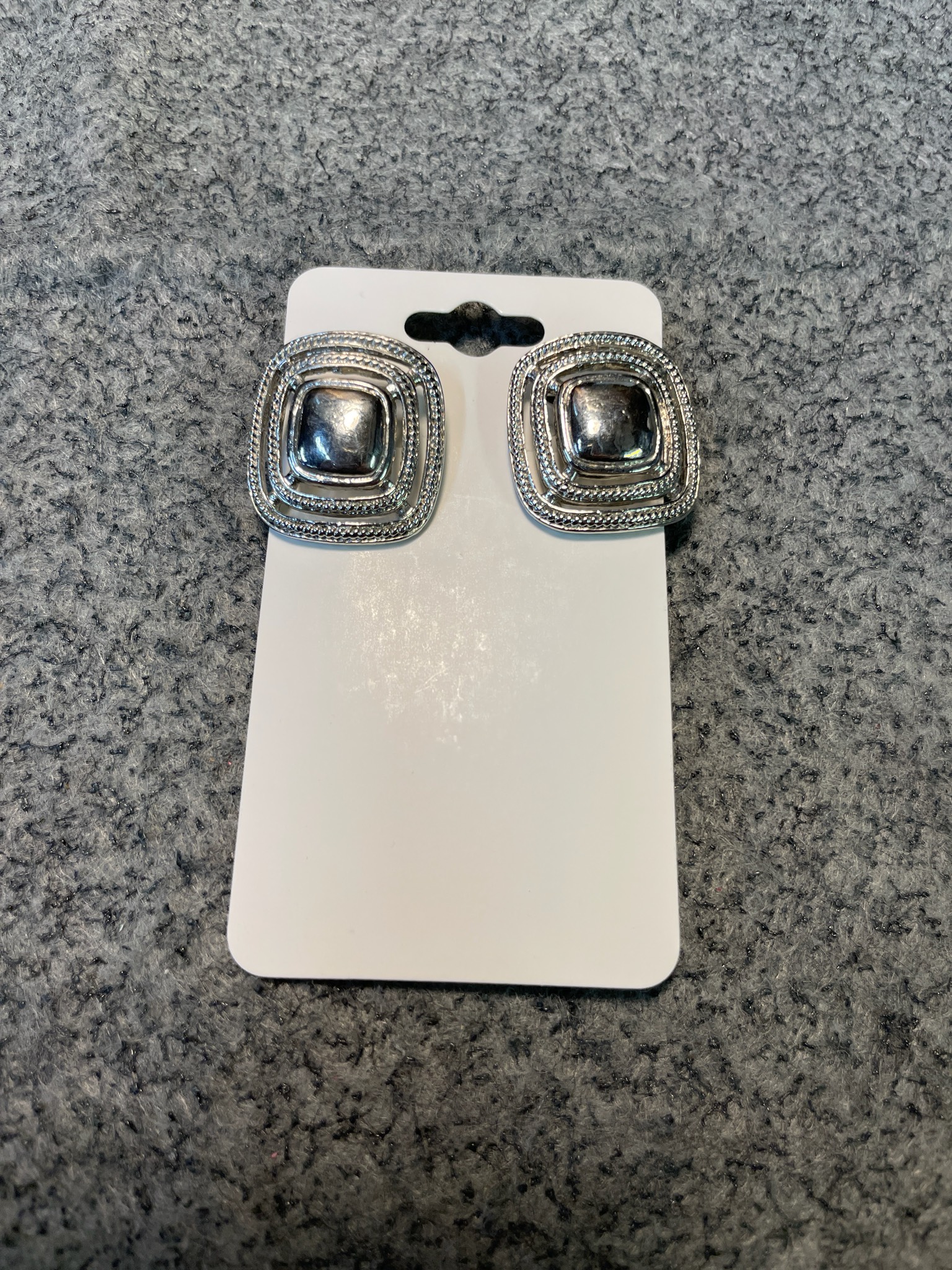 Vintage Silver Tone Layered Square Clip-On Earrings