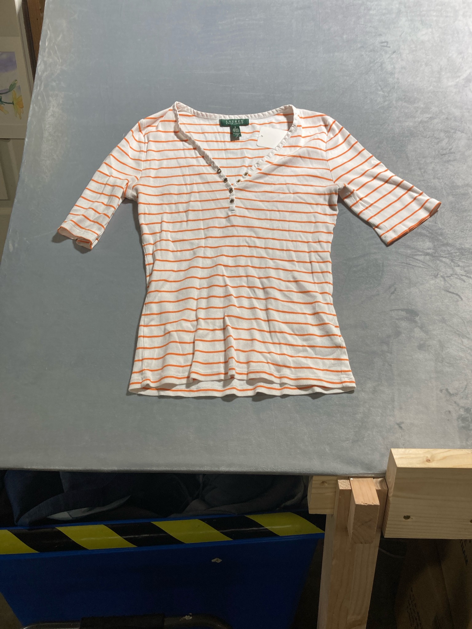 Lauren Ralph Lauren White Orange Striped Cotton Ribbed Top Size Small