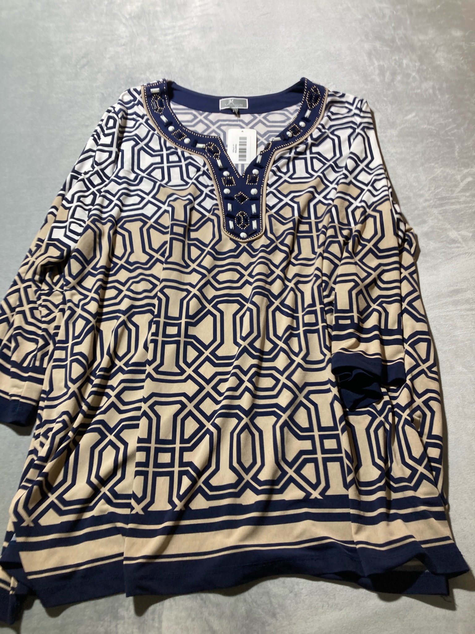 JM Collection Woman Navy Geometric Stretch Knit Tunic Top Size 2X