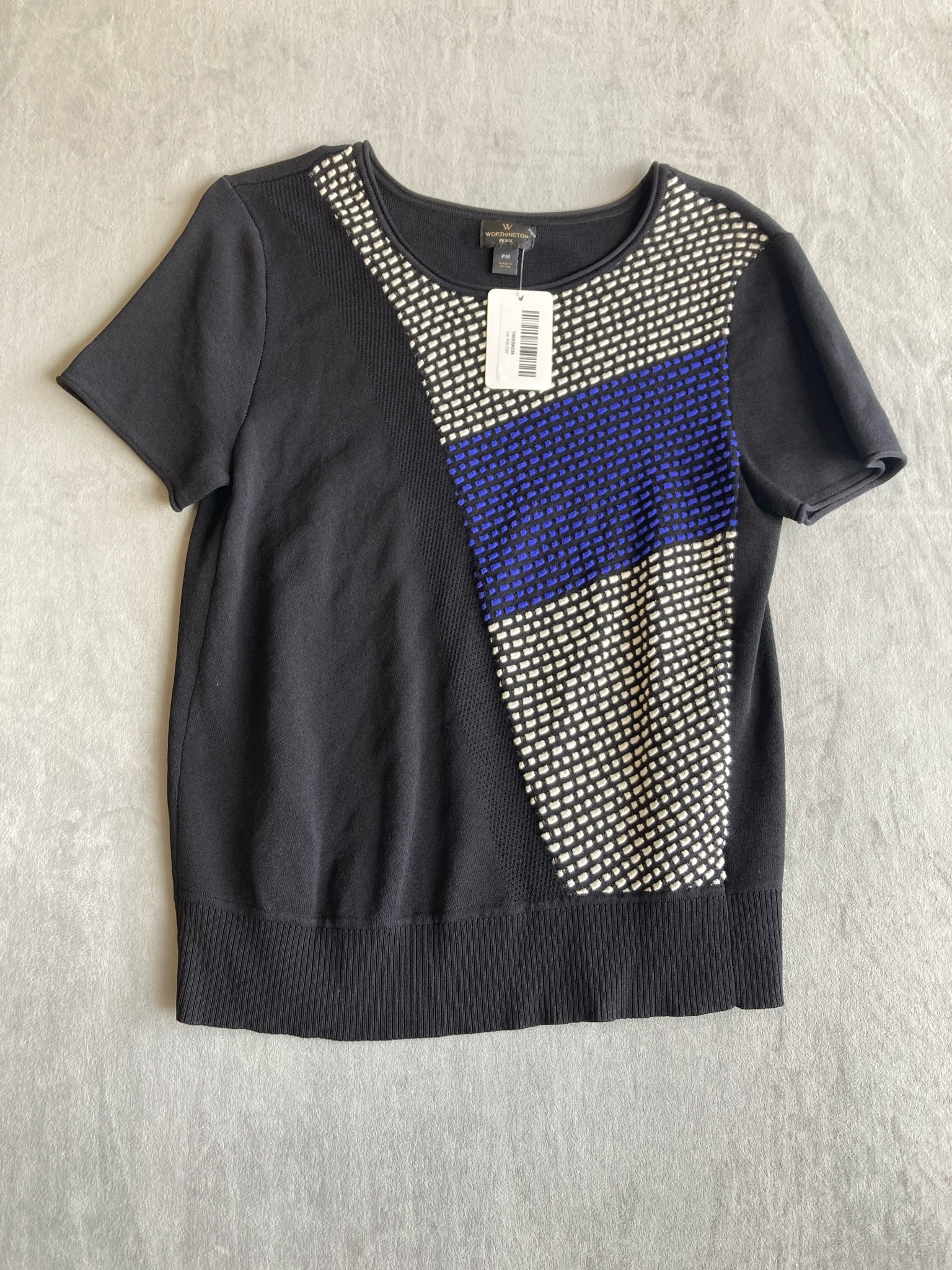 Worthington Black Textured Knit Short-Sleeve Sweater Size PM