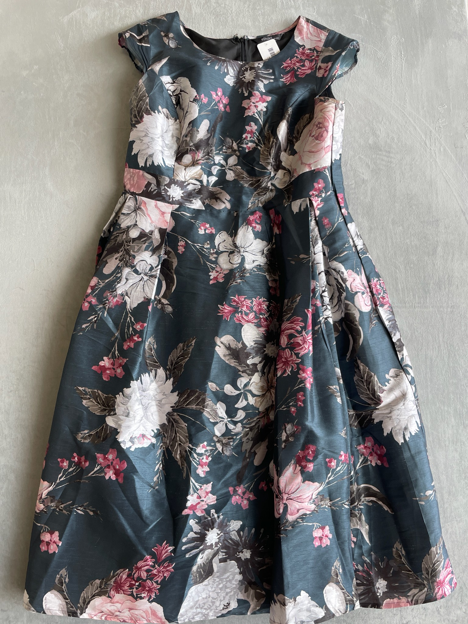 eShakti Dark Teal Floral Satin-Like Fit-and-Flare Dress Size 2X-20W