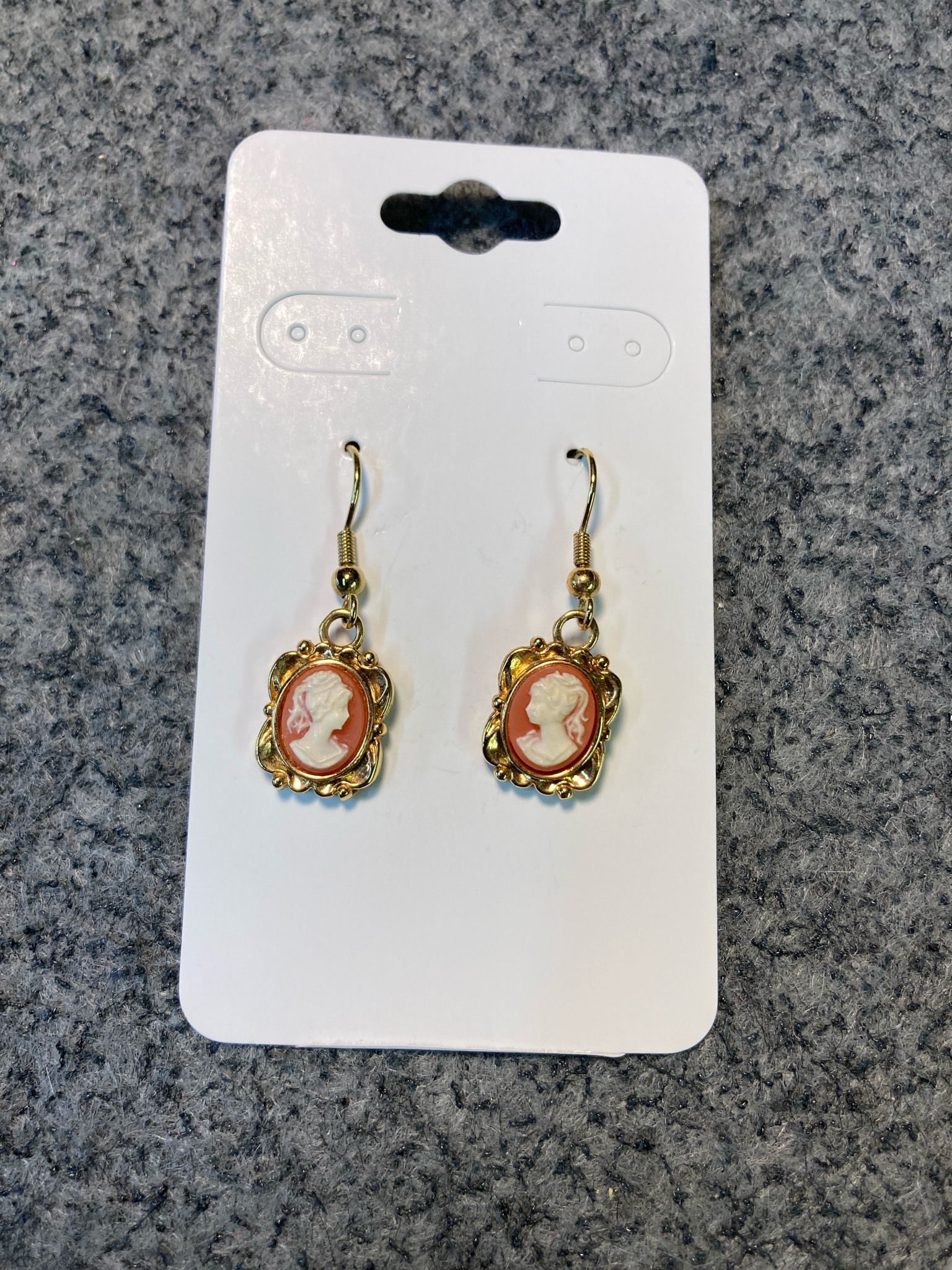 Gold Tone Coral Cameo Dangle Earrings