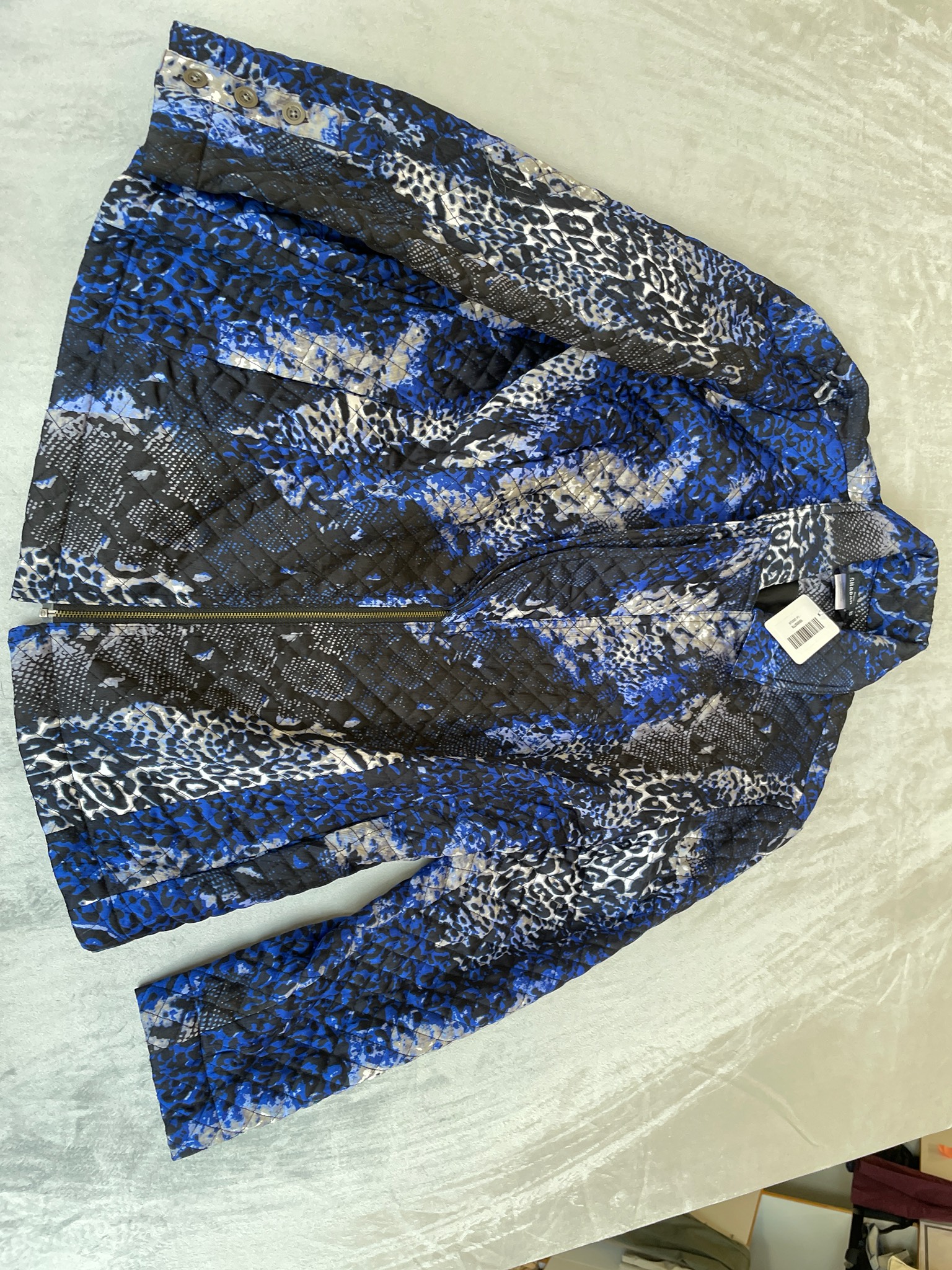 Sharon Young Blue Black Animal Print Synthetic Quilted Jacket Size Size 10