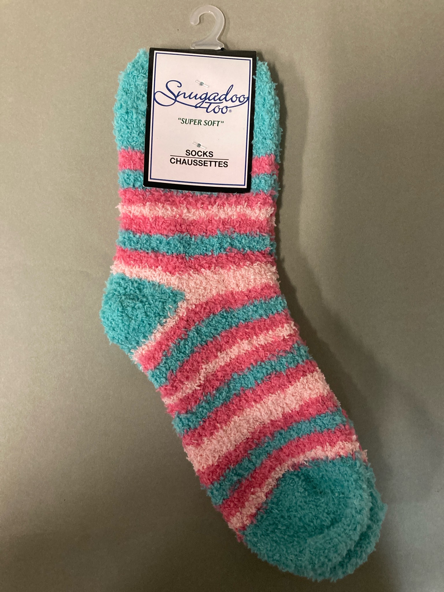 Snugadoo Too Striped Teal Pink White Polyester Fuzzy Socks