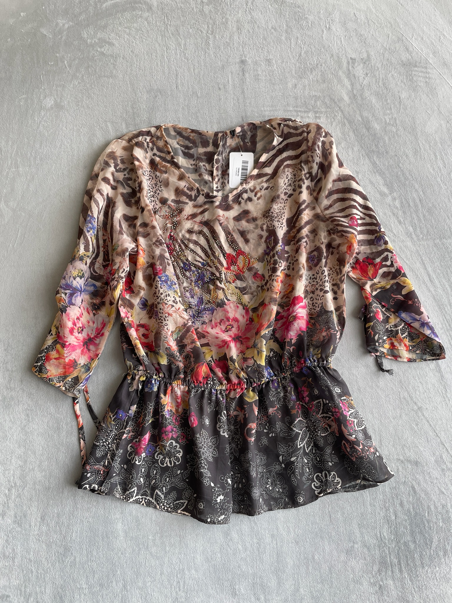 Beige Mixed Print Sheer Blouse