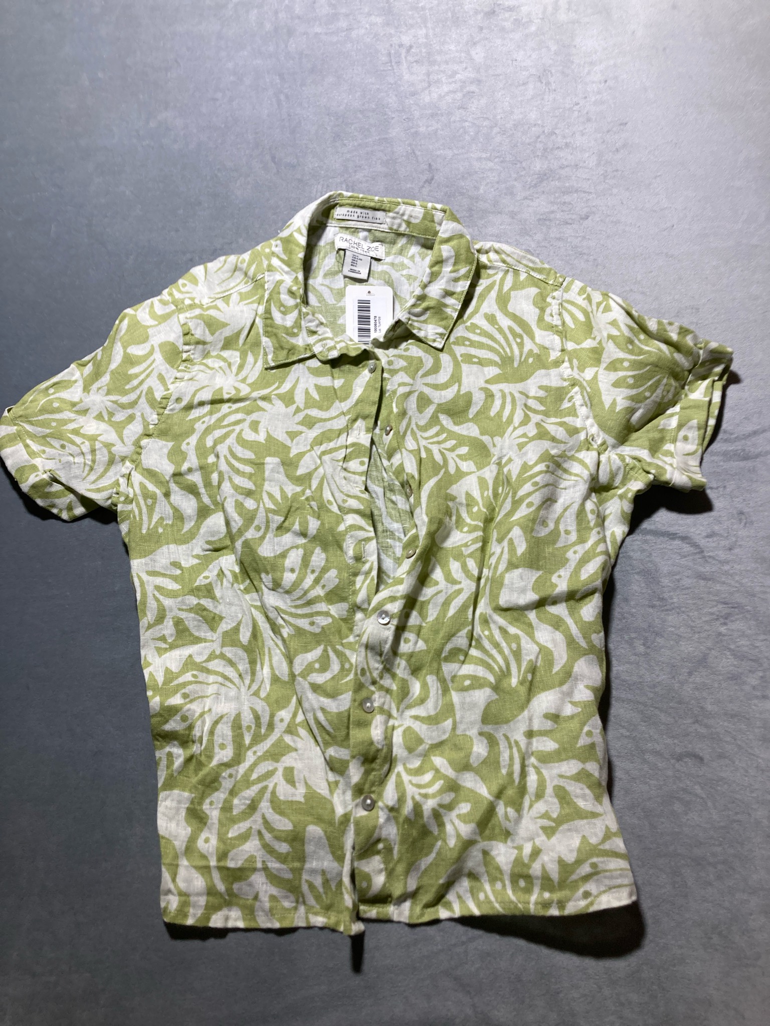 Rachel Zoe Light Green Leaf Print Linen Shirt Size Large