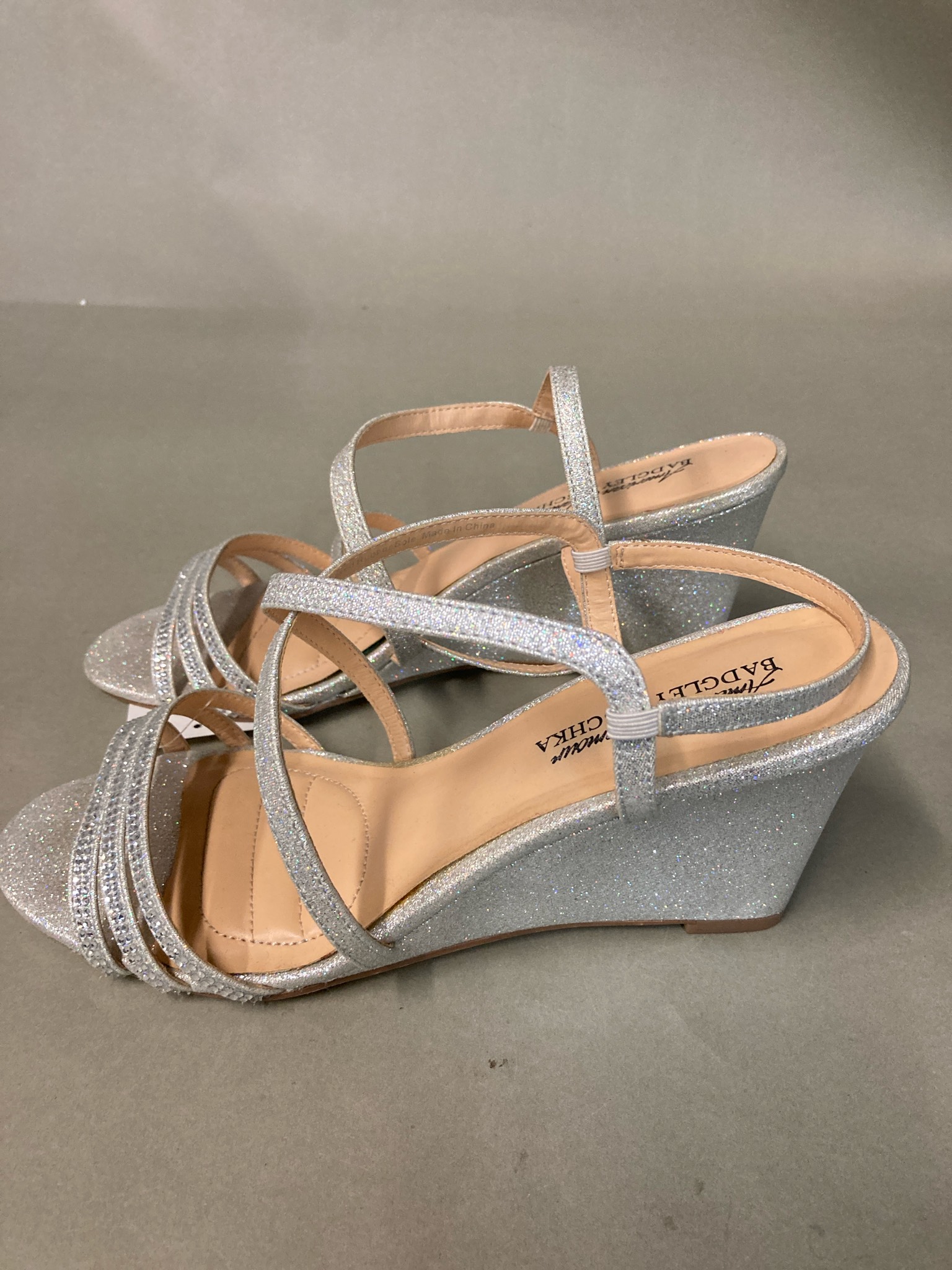 Badgley Mishka Silver Glitter Wedge Sandals