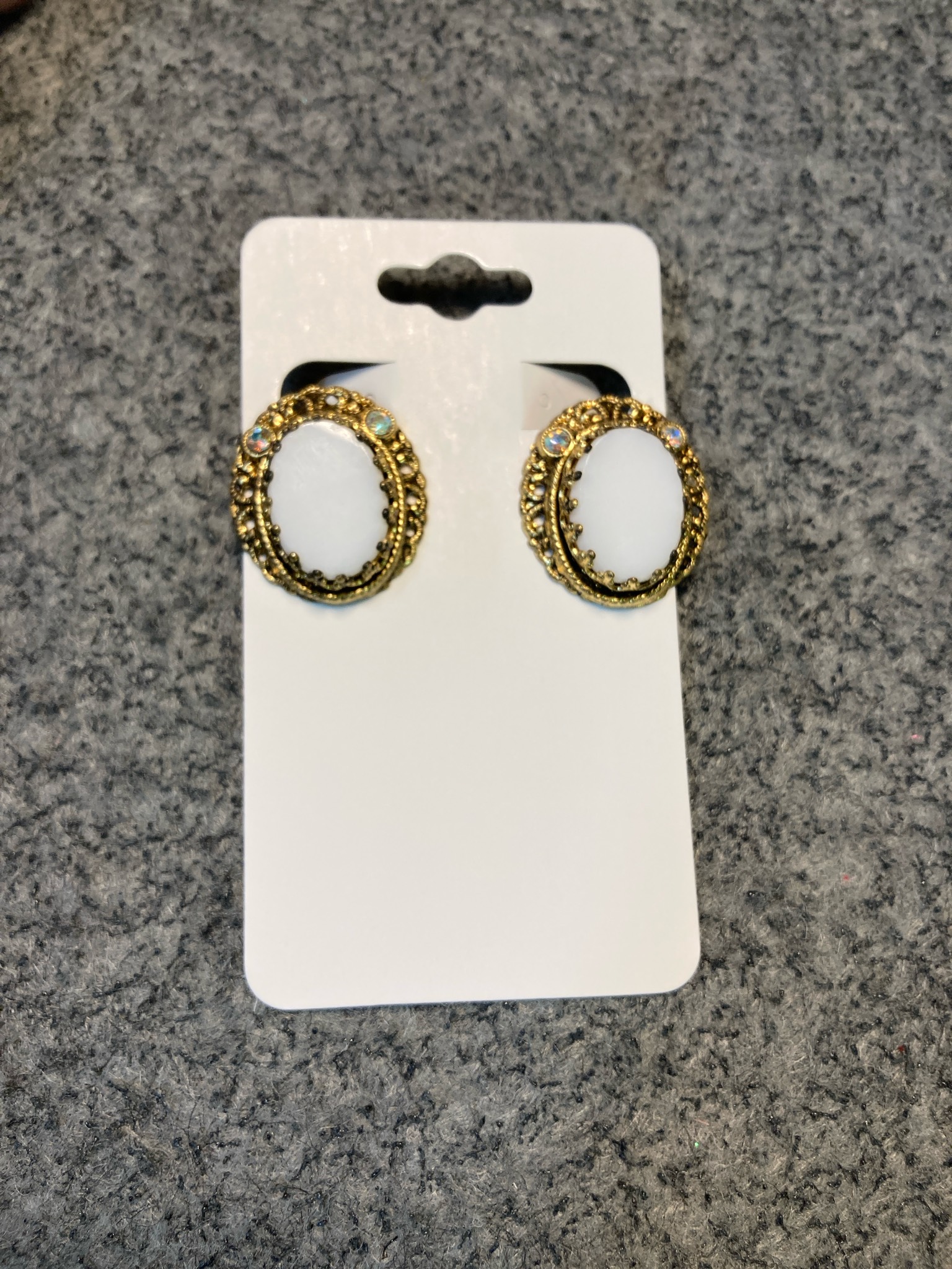 Vintage W Germany Gold Tone Oval Cabochon Clip-On Earrings