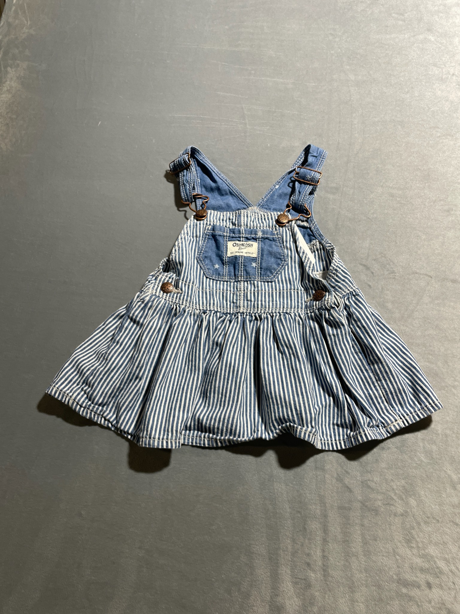 OshKosh B'gosh Blue-and-White Striped Chambray Overall Dress size 9M
