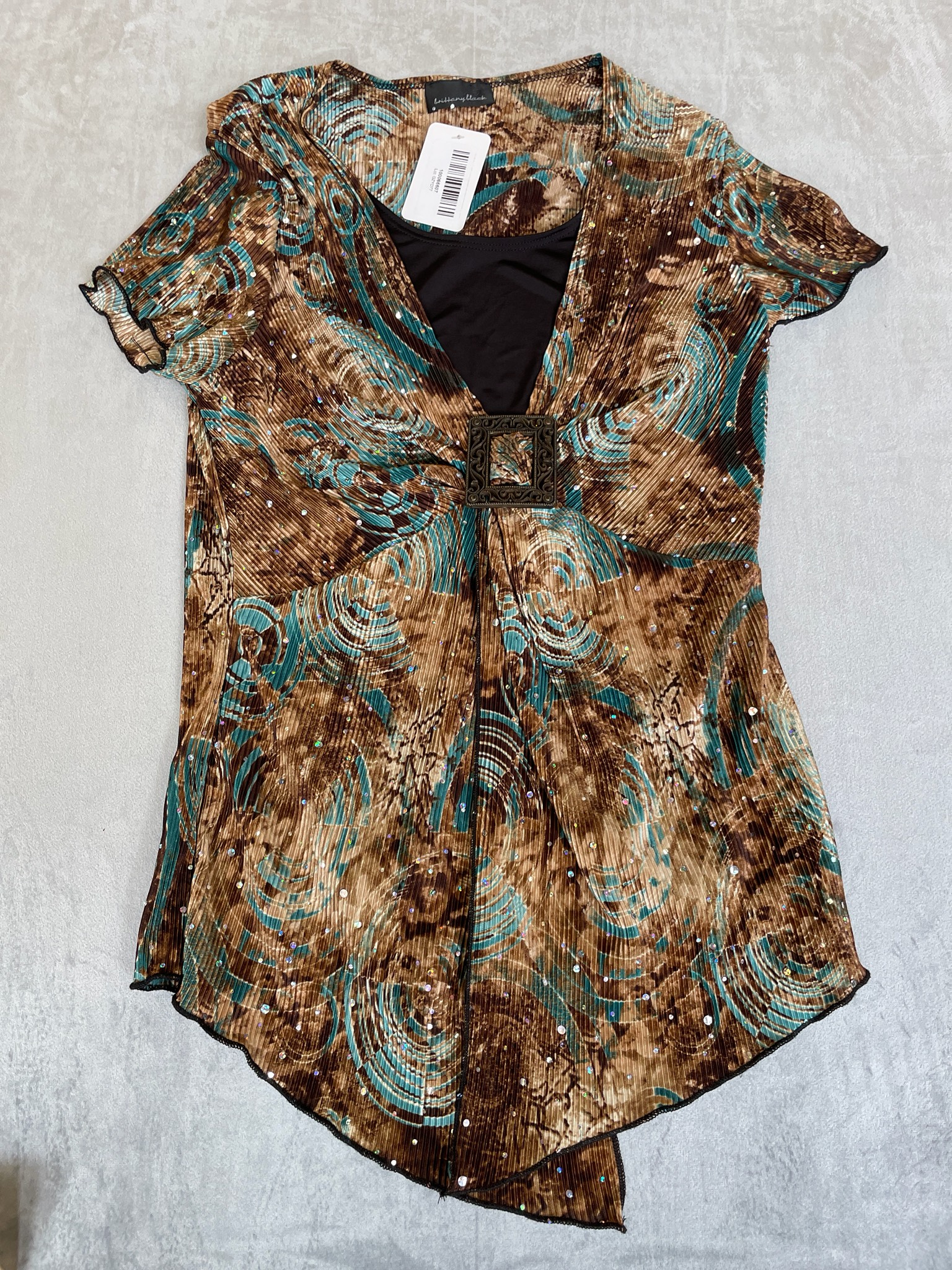 Brown Teal Printed Pleated Velvet-Look Blouse