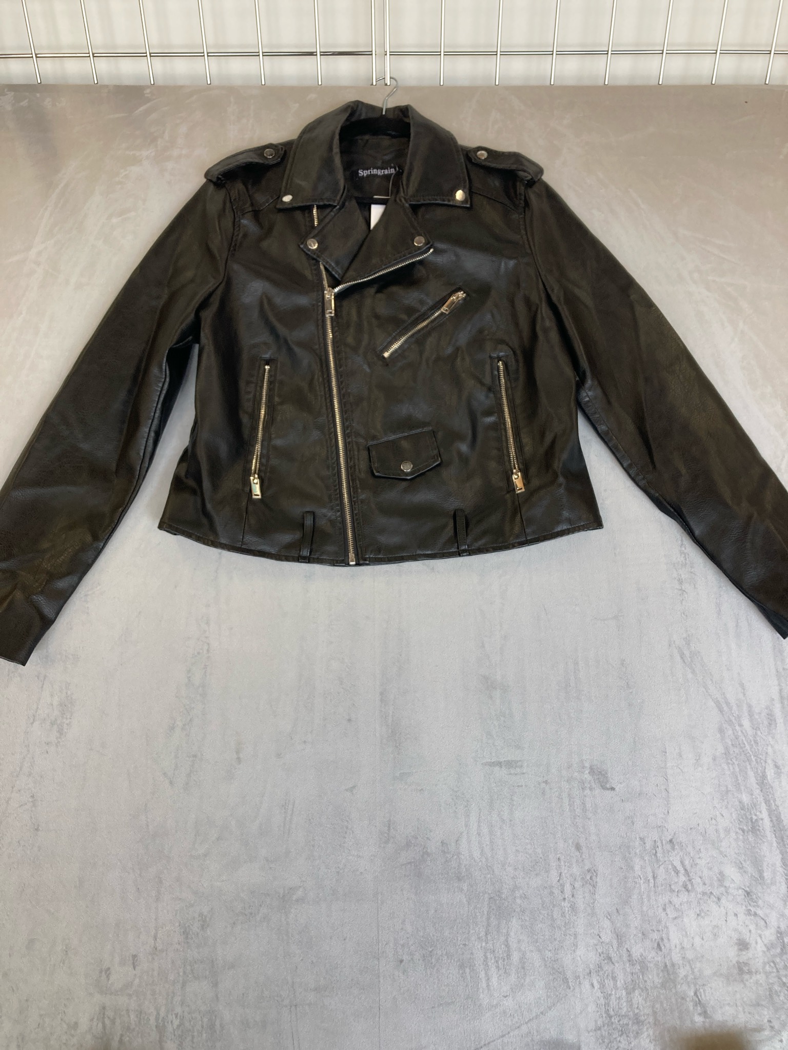 Springrain Black Leather Biker Jacket