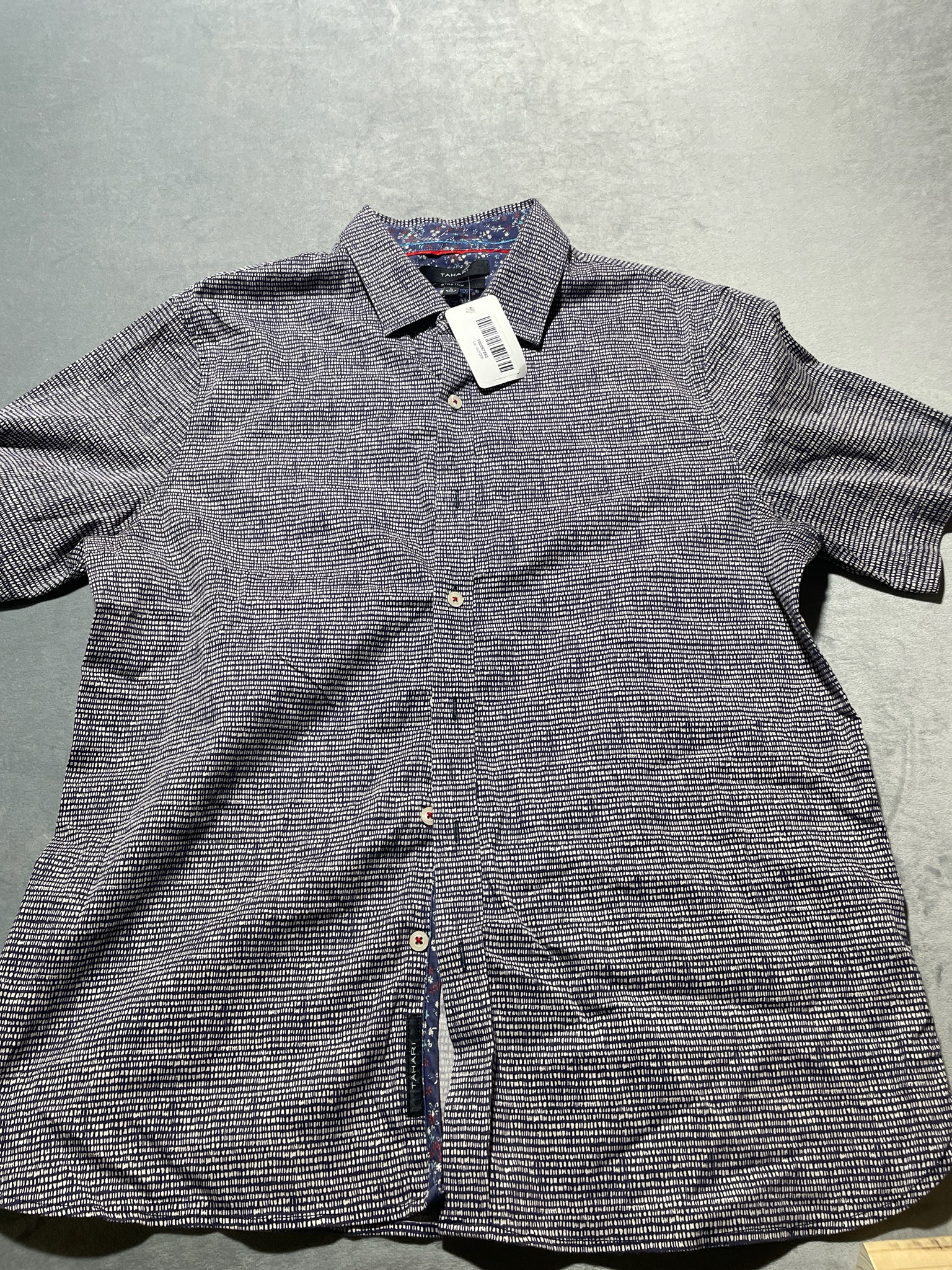 TAHARI Navy Micro-Dot Cotton Blend Short Sleeve Button-Up Shirt Size L