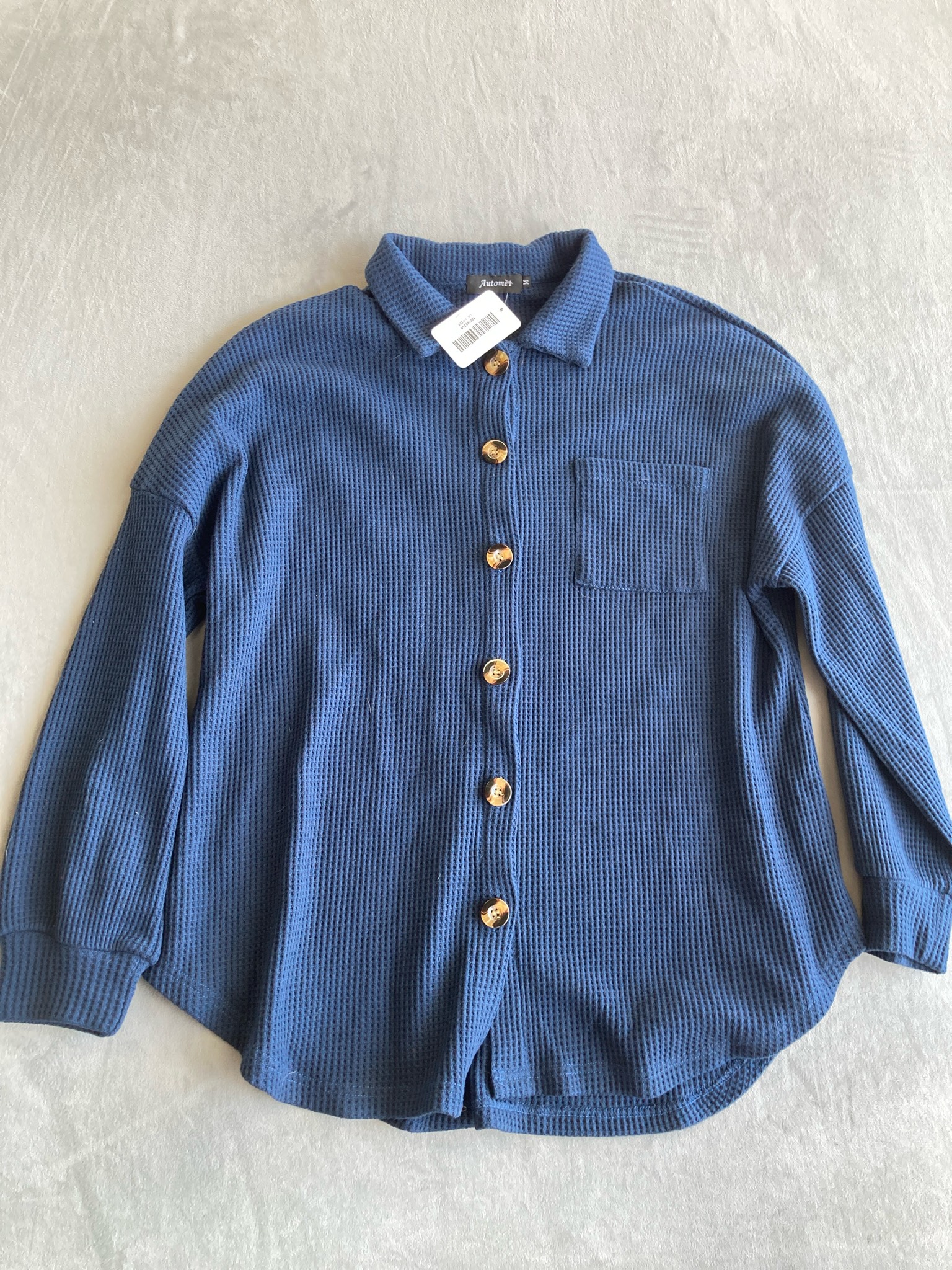 Automet Navy Waffle-Knit Button-Up Shirt Size M