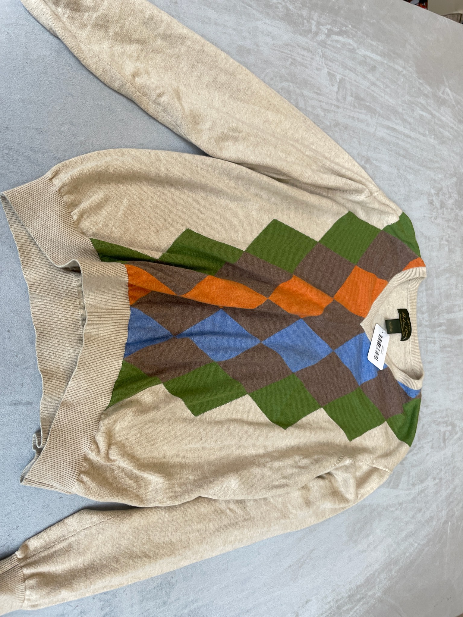 Orvis Beige Argyle Cotton-Cashmere Pullover Size XXL