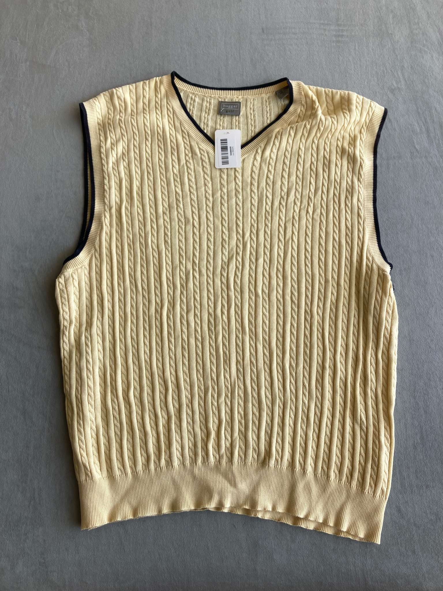 VTG Haggar Pale Yellow Cable Knit Cotton Sweater Vest Size XXL/XXG