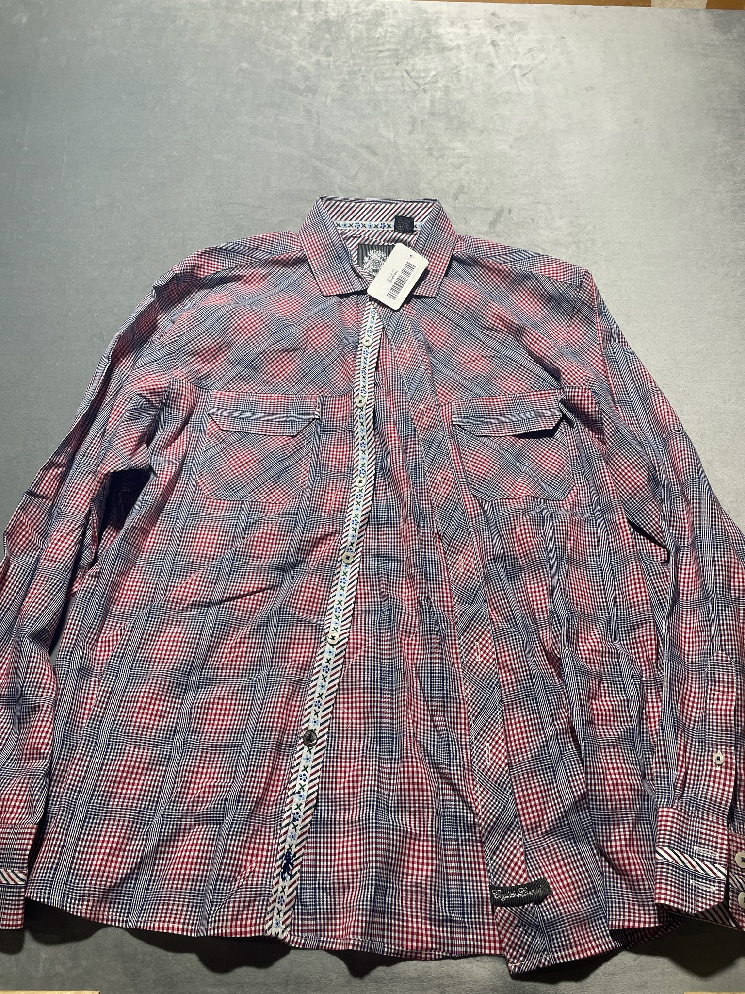English Laundry Red Navy White Gingham Cotton Long Sleeve Button-Up Shirt Size XXL