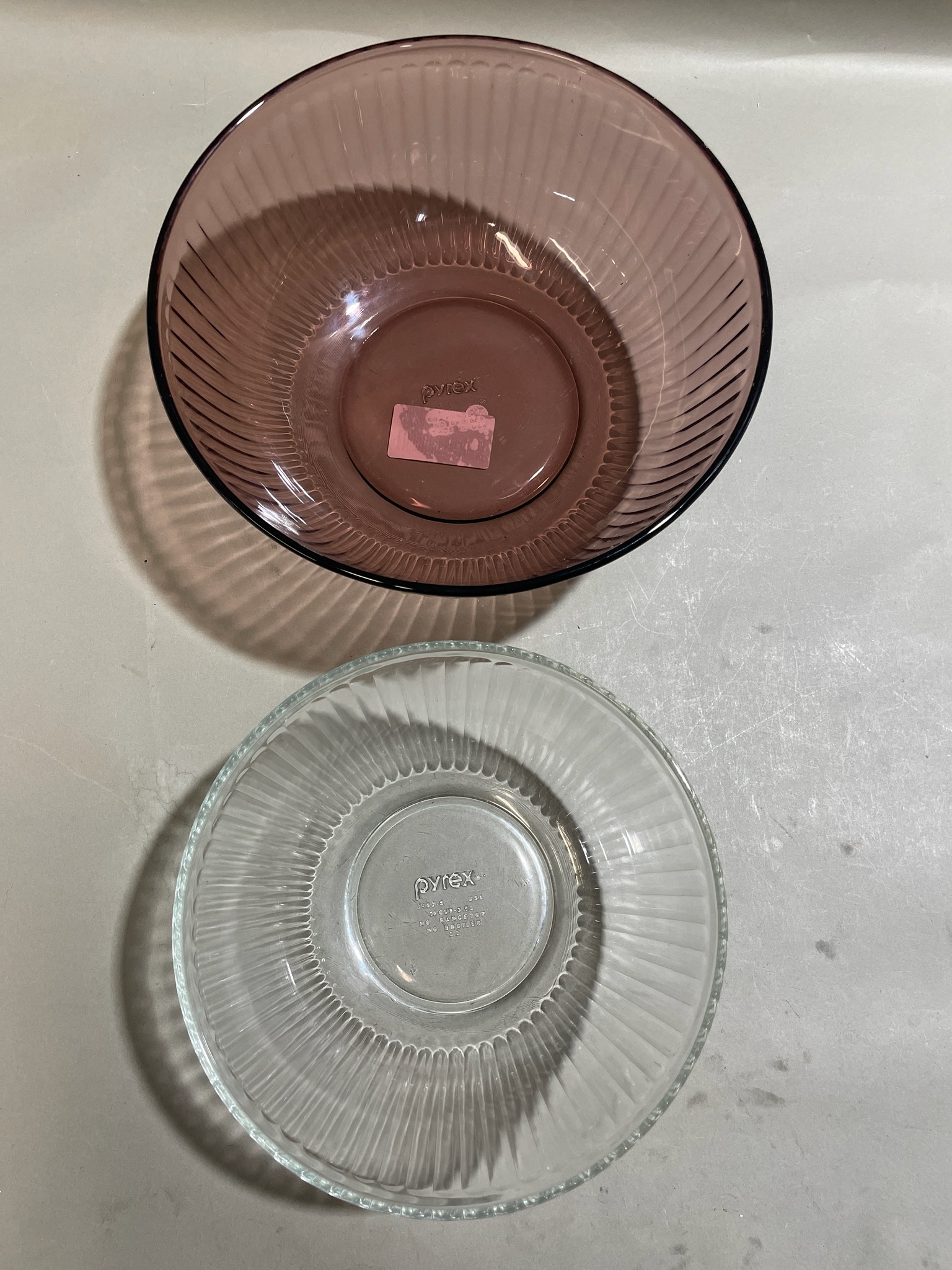 Pyrex Clear and Pink Ribbed Glass Mixing Bowls