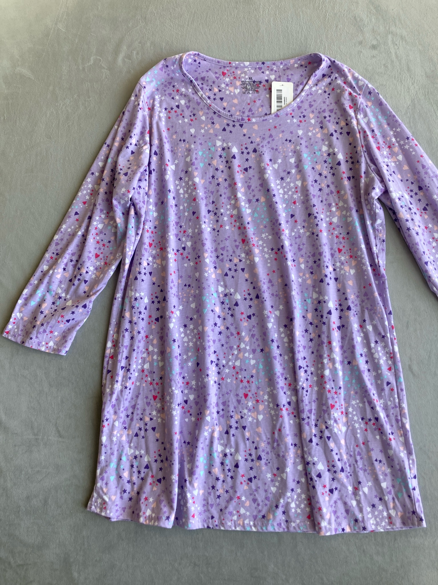 Lavender Star and Heart Print Cotton-Poly Nightgown Size XL