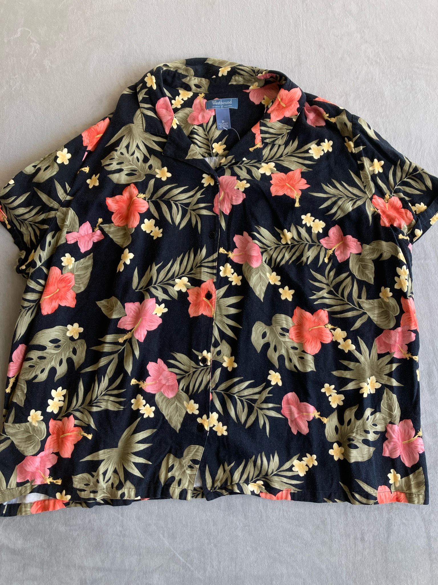 Westbound II Black Floral Rayon Hawaiian Shirt Size 3X