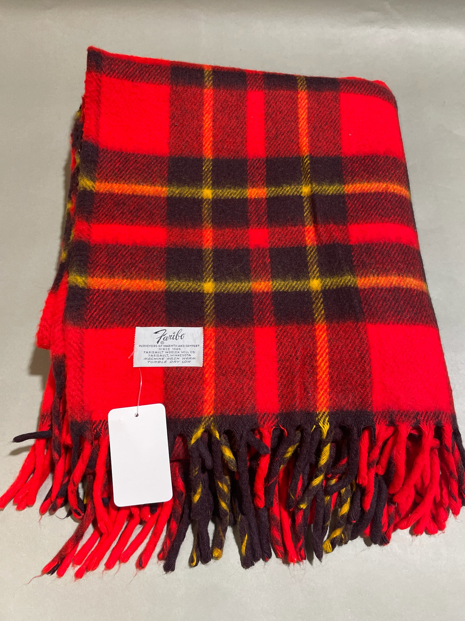 100% Wool Faribo Red Tartan Woolen Fringed Throw Blanket