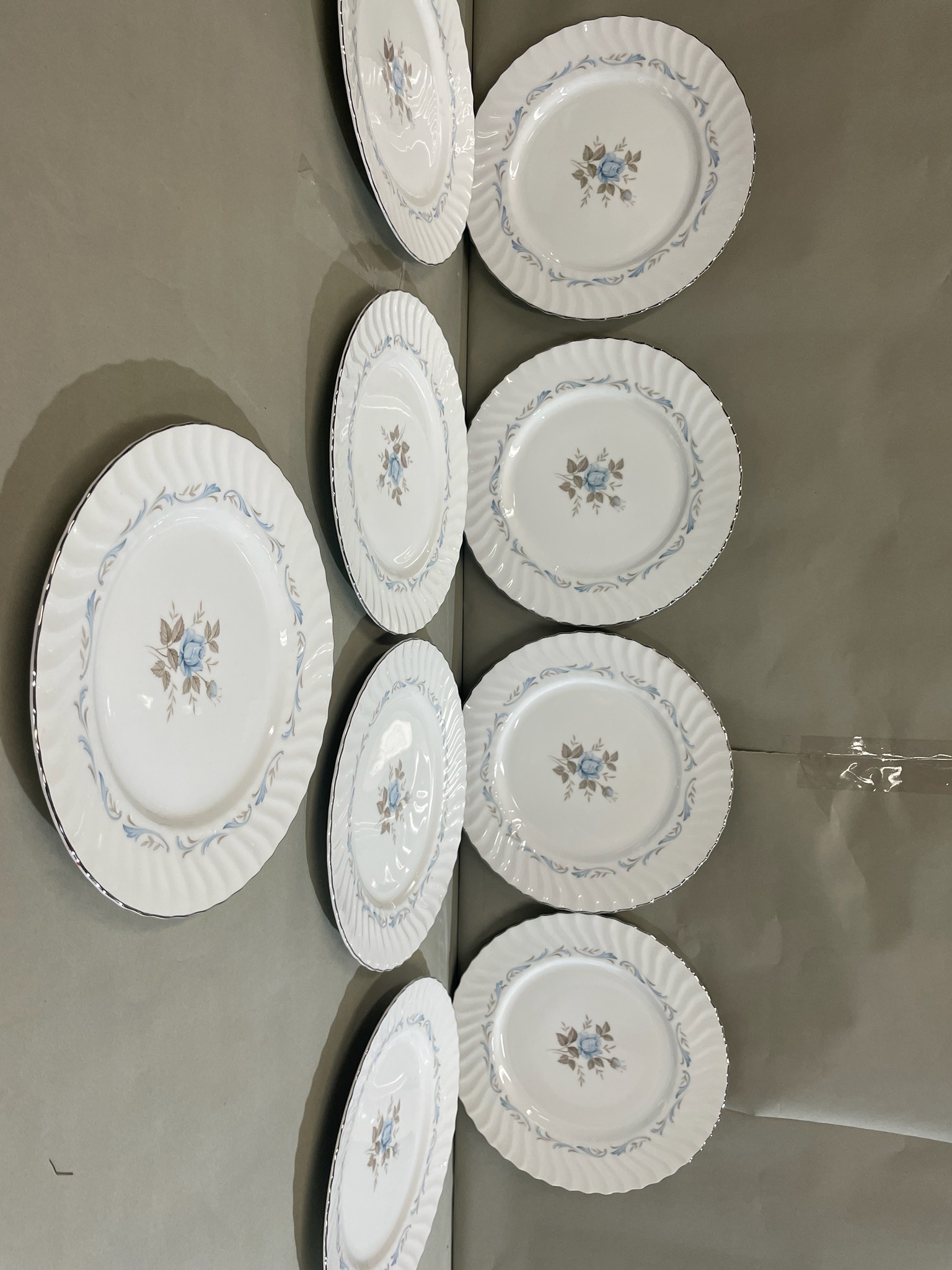(8) White Blue Rose Dinner Plates