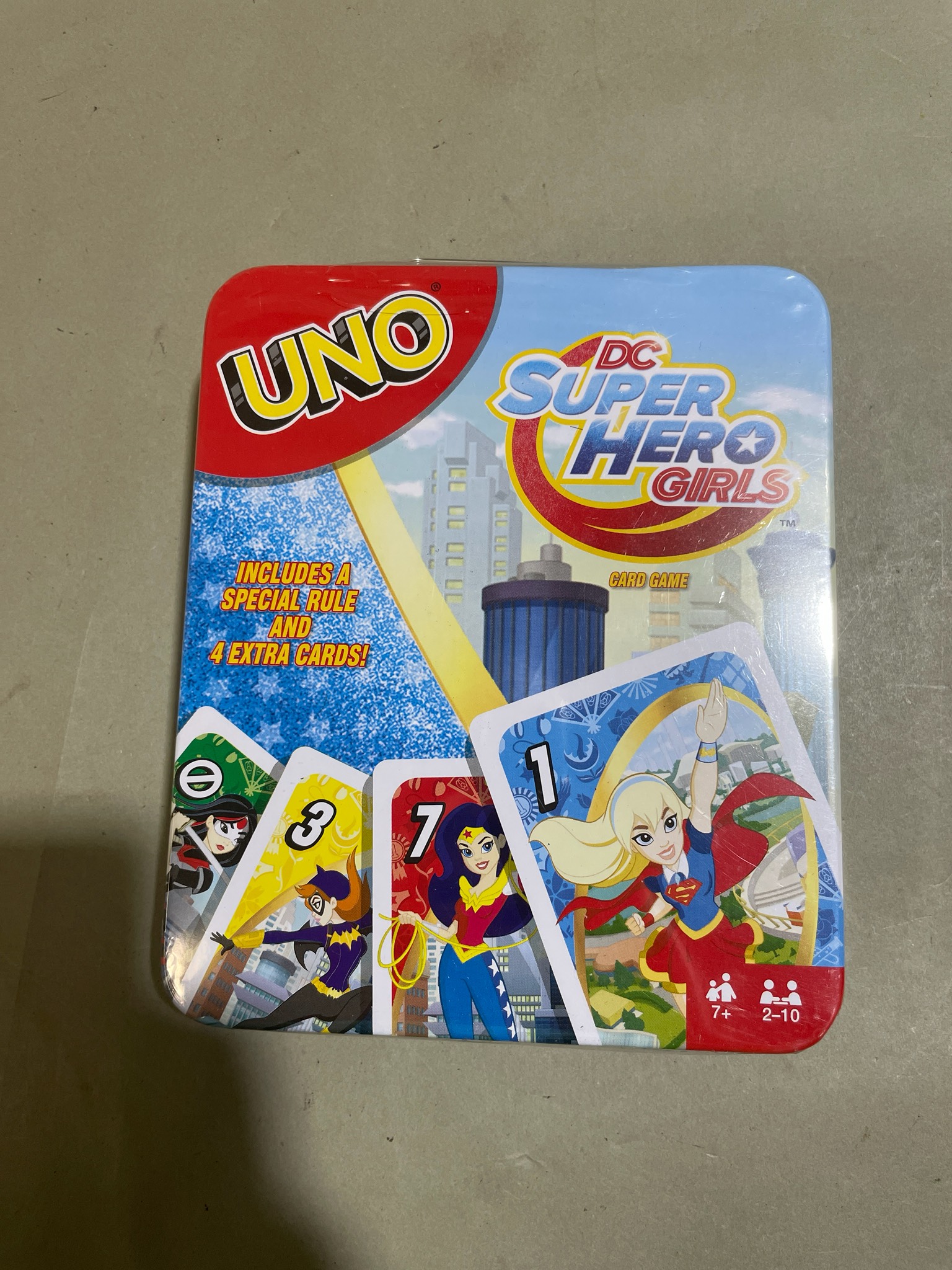 UNO Blue Superhero Tin Card Game Size 112 cards