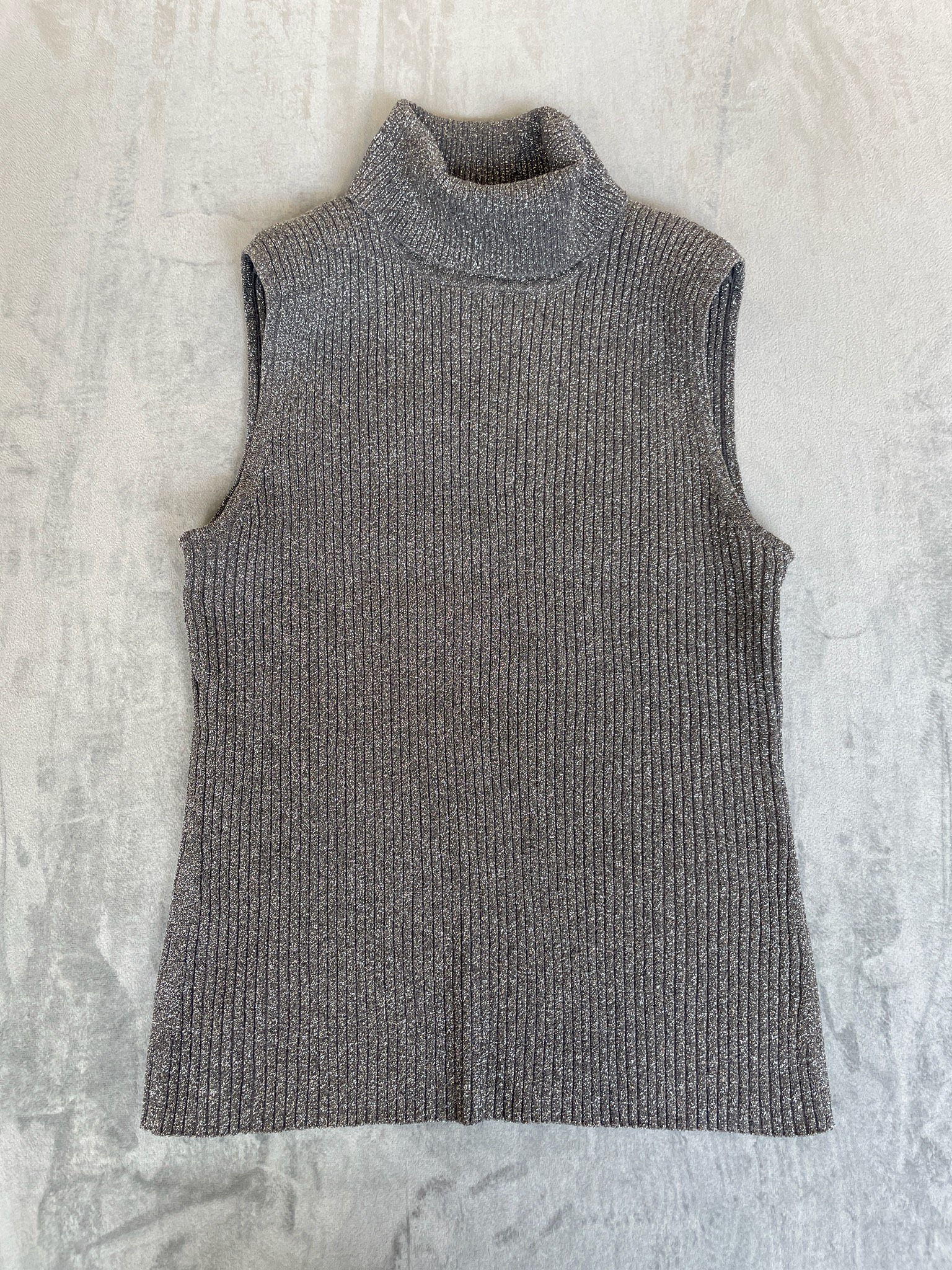 cable & gauge Charcoal Gray Metallic Ribbed Knit Sleeveless Turtleneck Size M