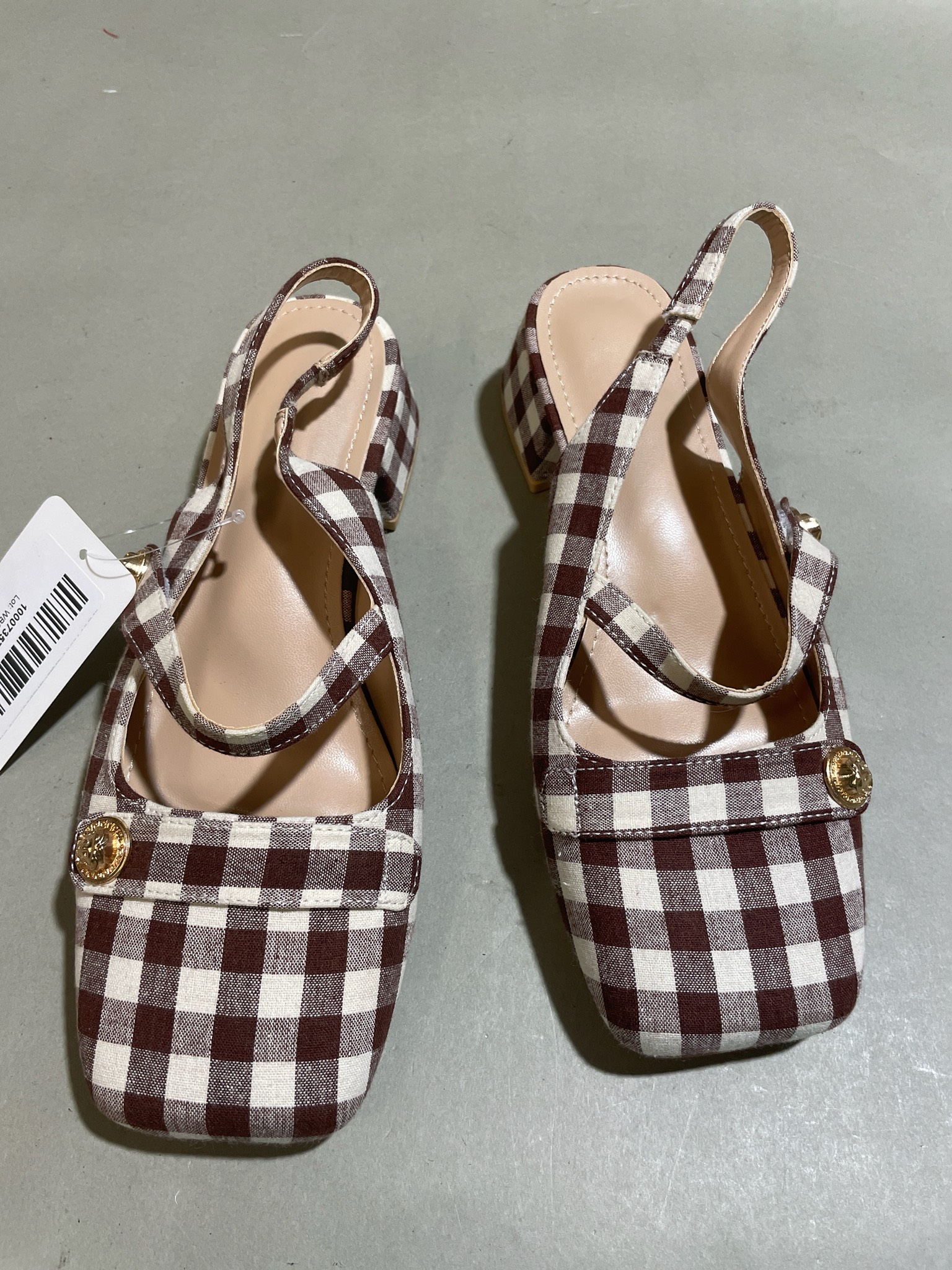 Brown and White Gingham Slingback Heels Size Size 7.5