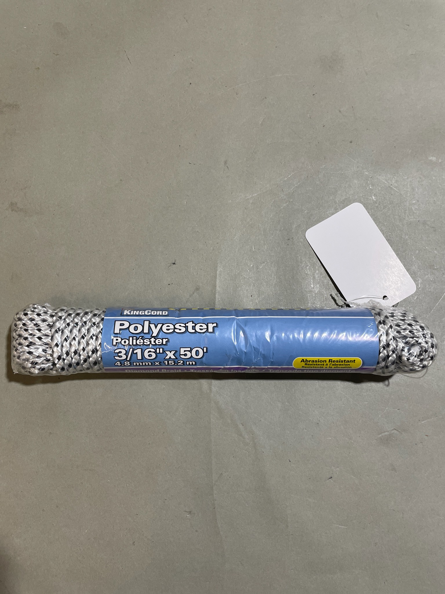 KingCord White Diamond Braid Polyester Rope Size 3/16" x 50'