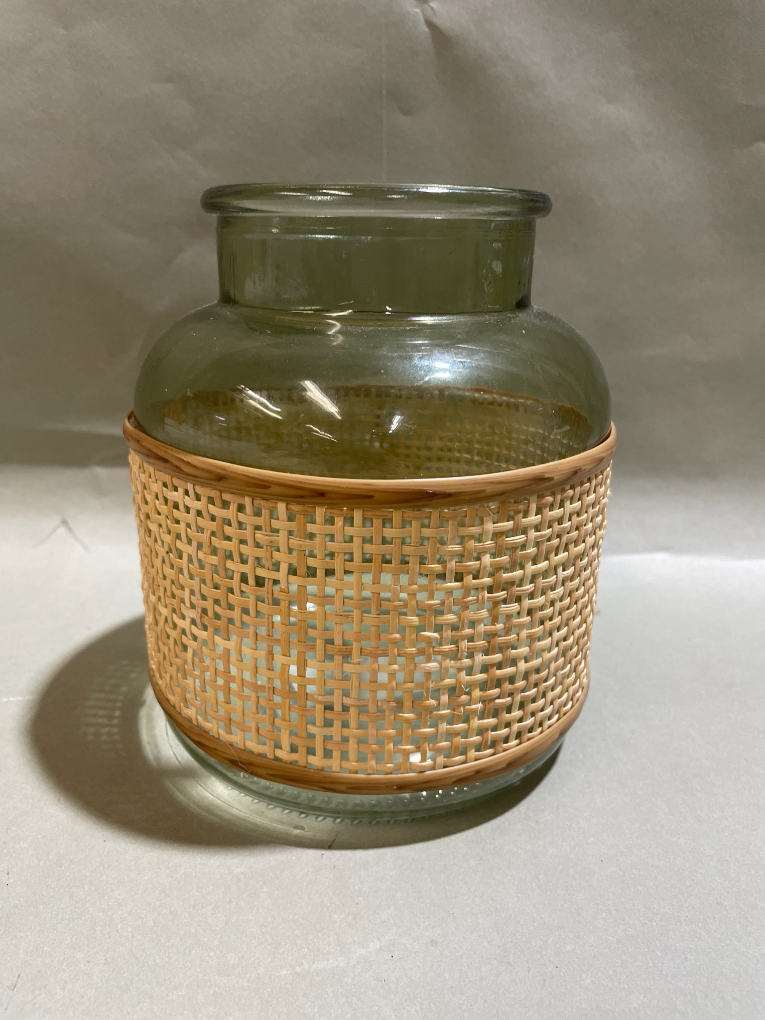 Pale Green Glass Vase - Rattan Sleeve