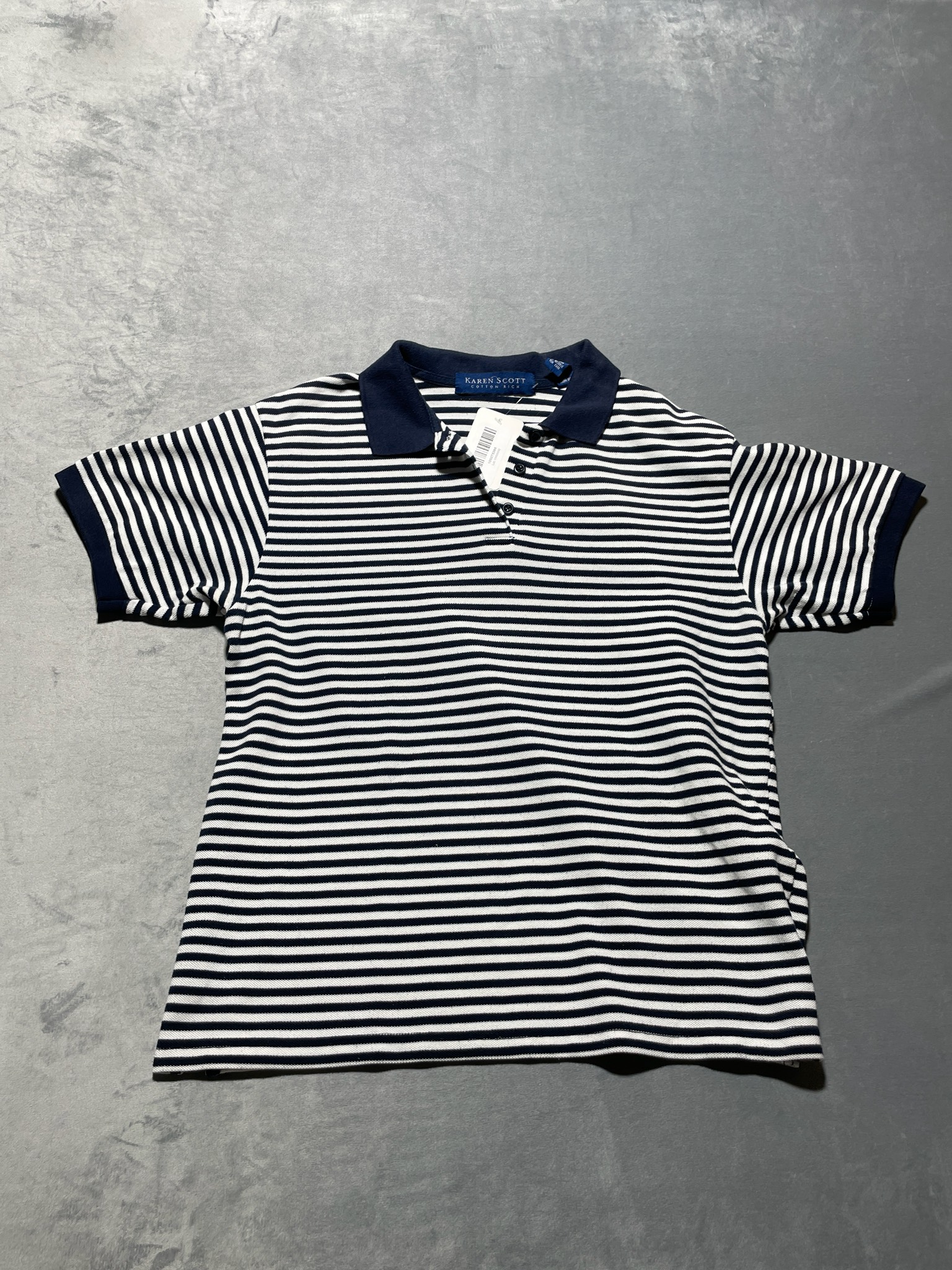 Karen Scott Navy White Striped Cotton-Rich Polo Top Size M