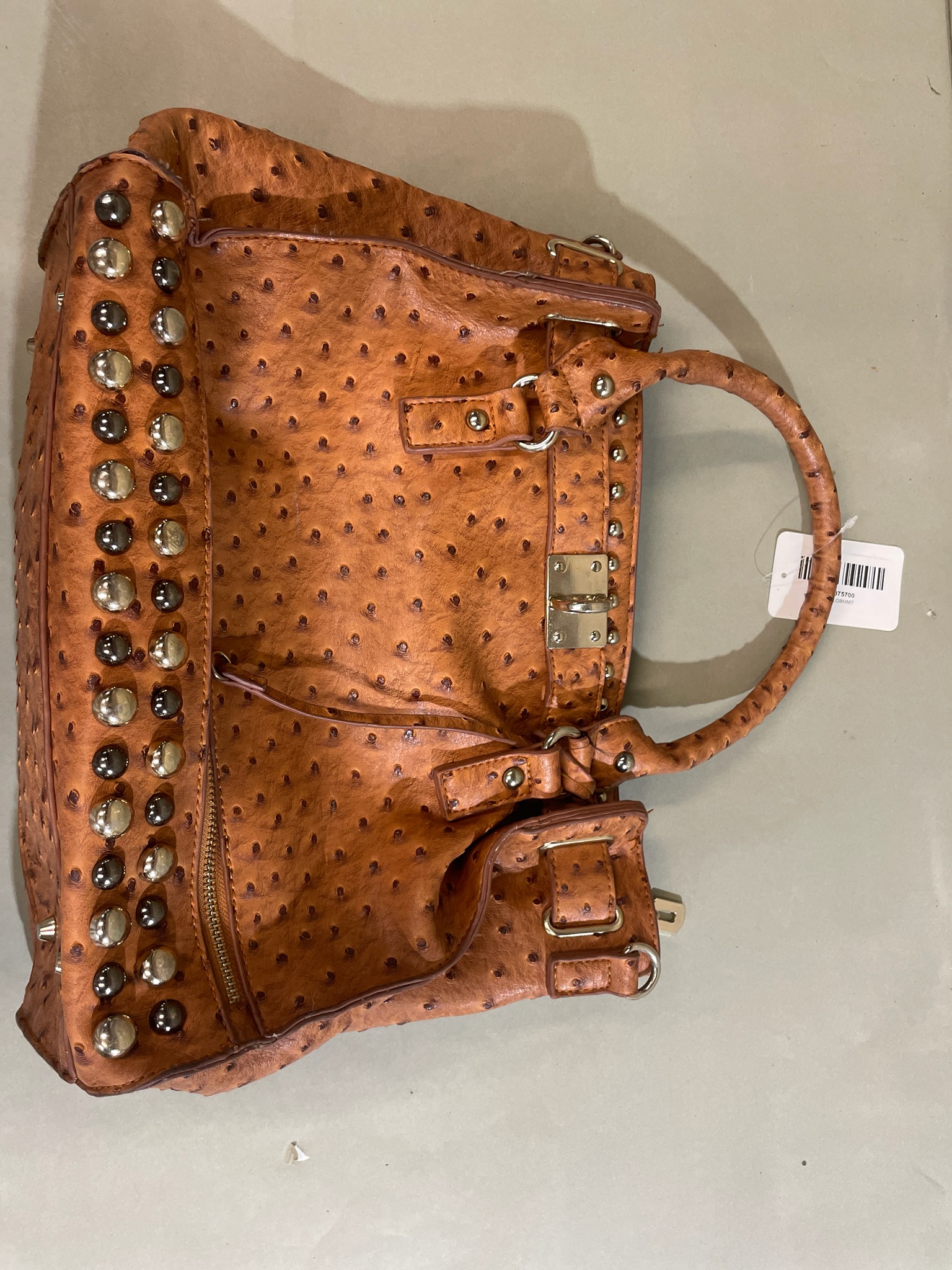 Cognac Ostrich-Embossed Satchel