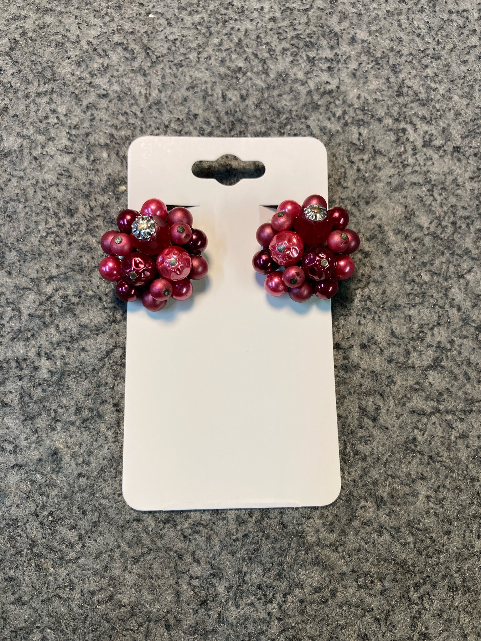 Vintage Japan Signed Burgundy Beaded Cluster Clip-On Earrings