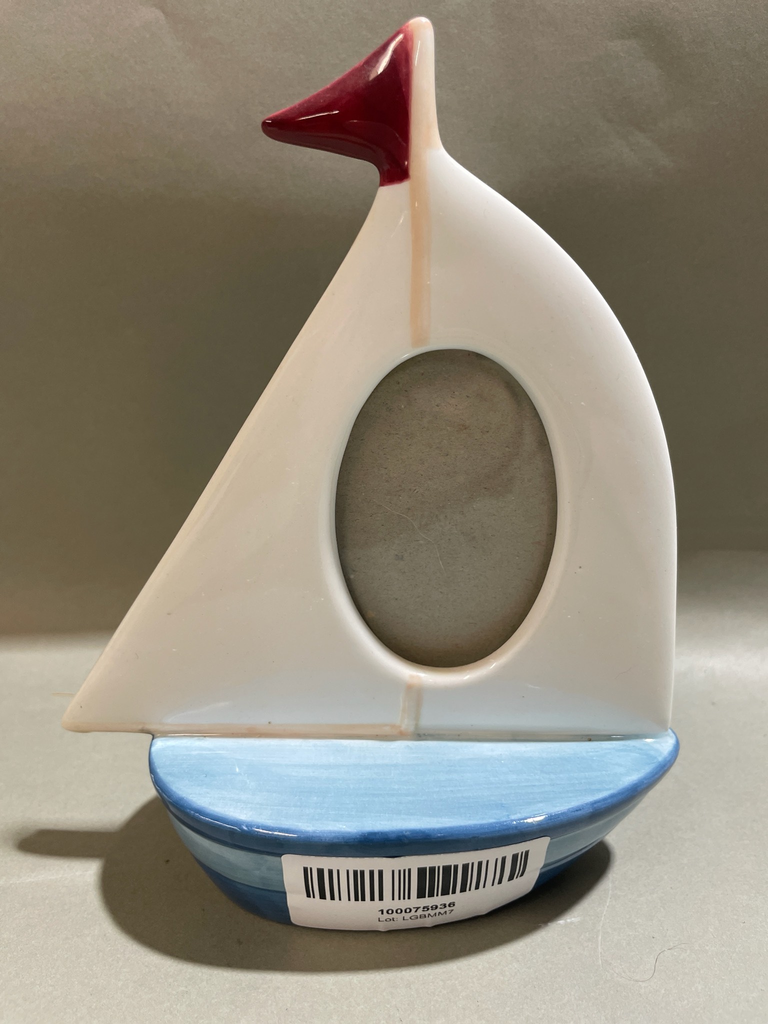 White and Blue Glazed Ceramic Sailboat Photo Frame