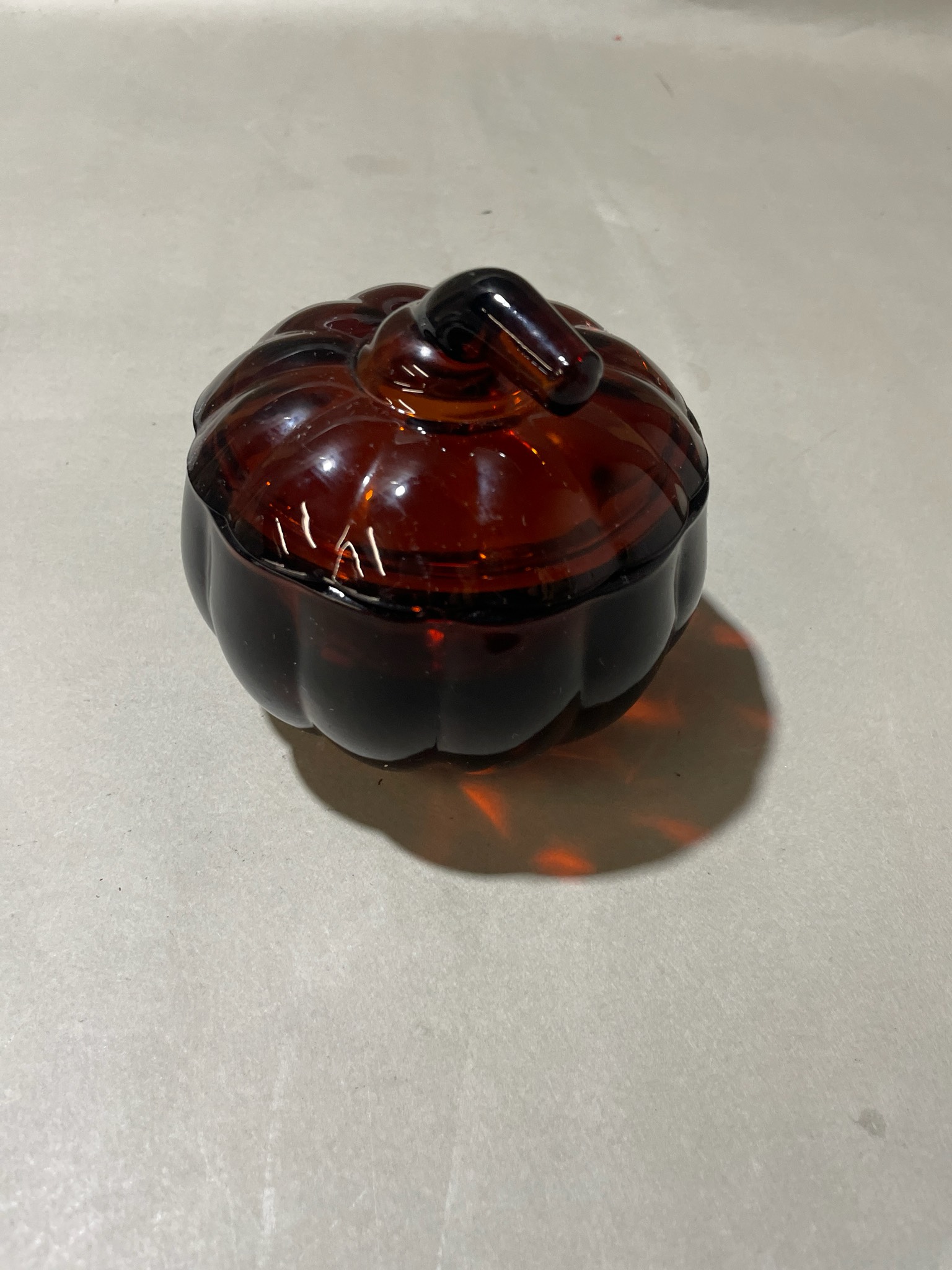 Amber Pressed Glass Lidded Pumpkin Dish