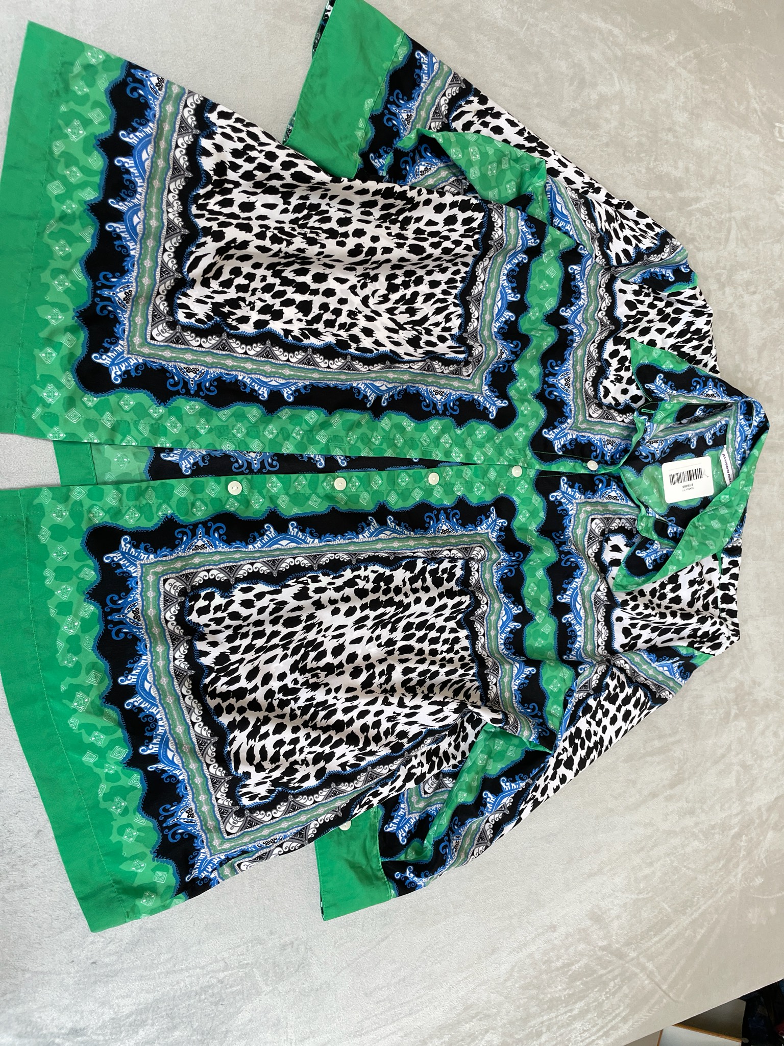 Allison Daley Green Border Animal Print Silky Blouse