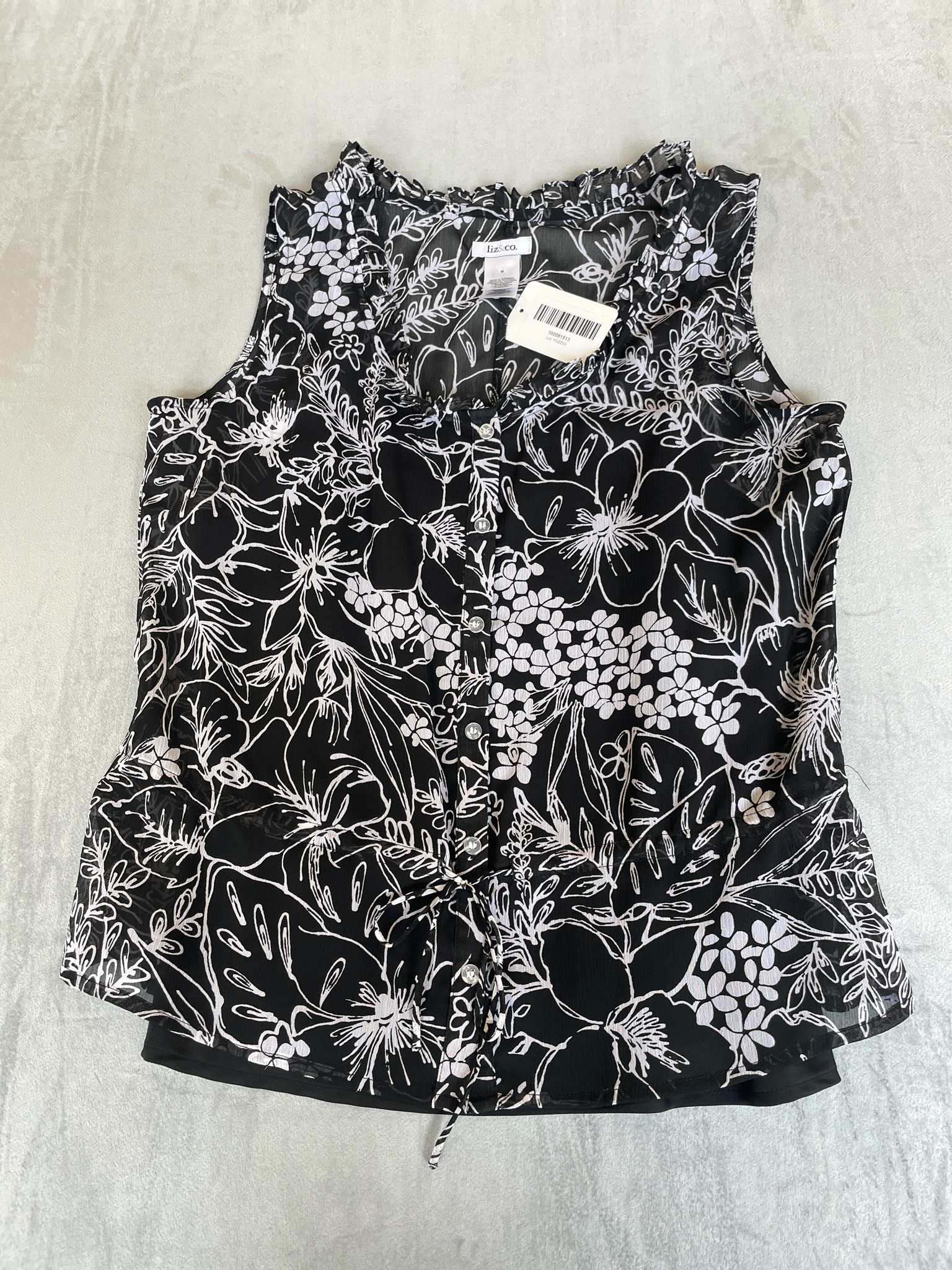 Liz & Co. Black Floral Polyester Blouse Size M