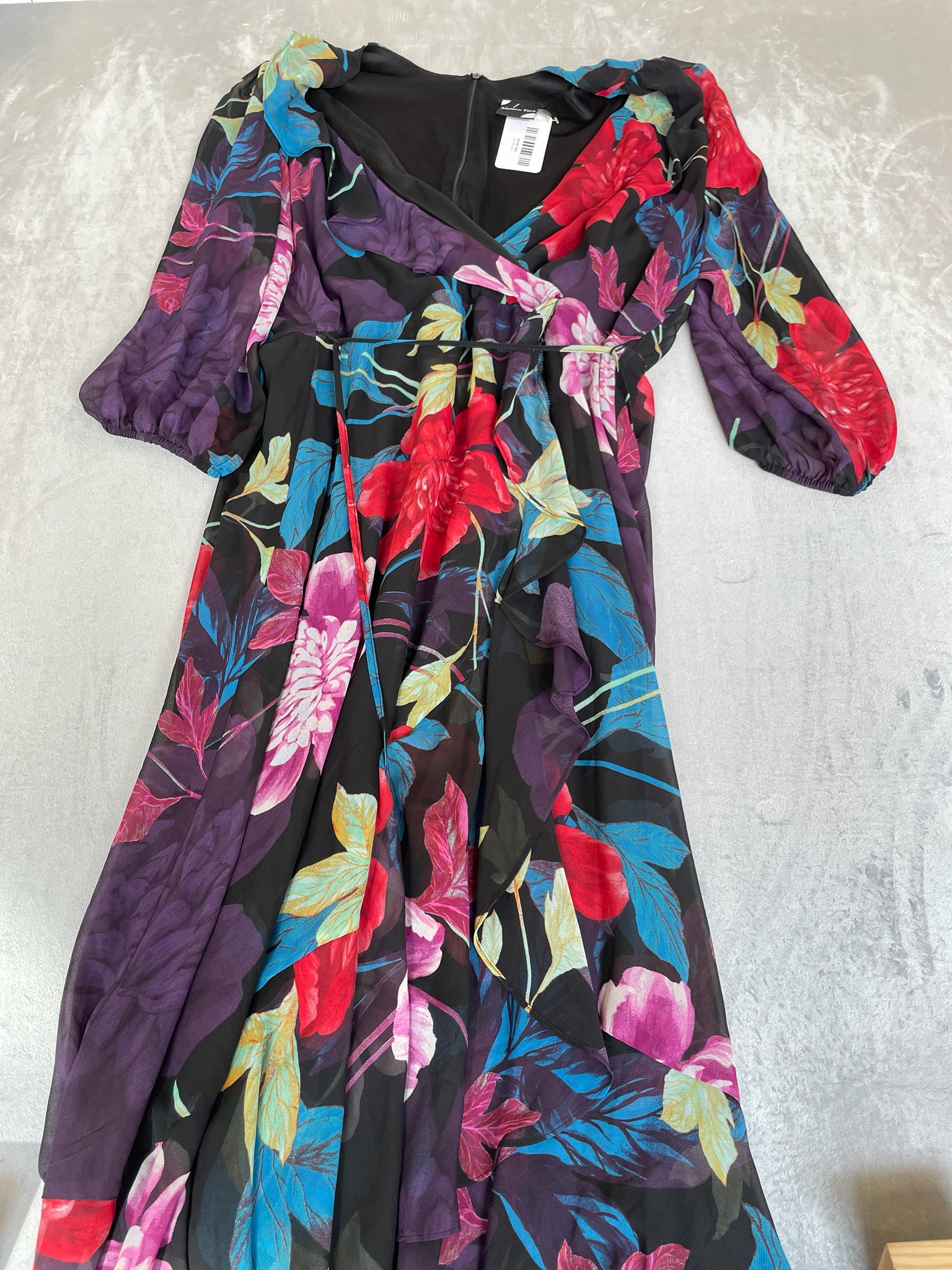 Maison Tara Black Floral Chiffon Wrap Dress Size Size 14
