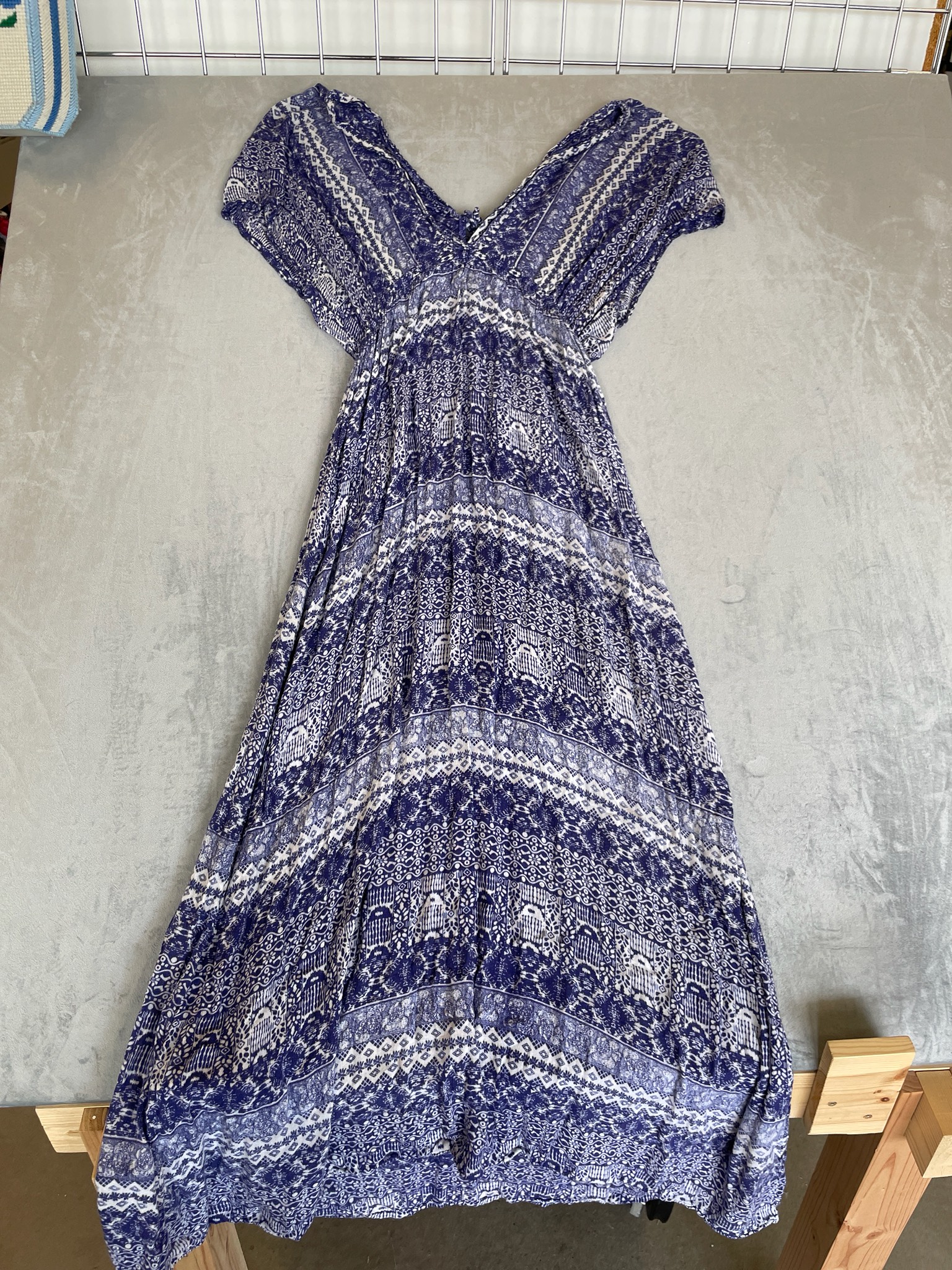 Navy White Boho Print Rayon-Like Maxi Dress