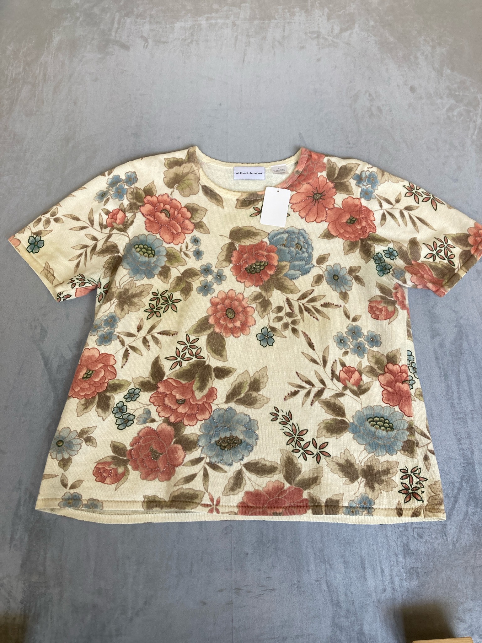 Alfred Dunner Cream Floral Ramie Cotton Knit Top Size L