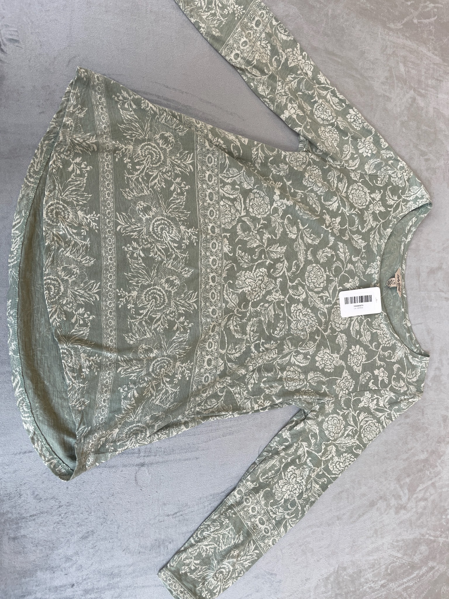 Lucky Brand Sage Green Floral Slub Knit Long Sleeve Top Size Large