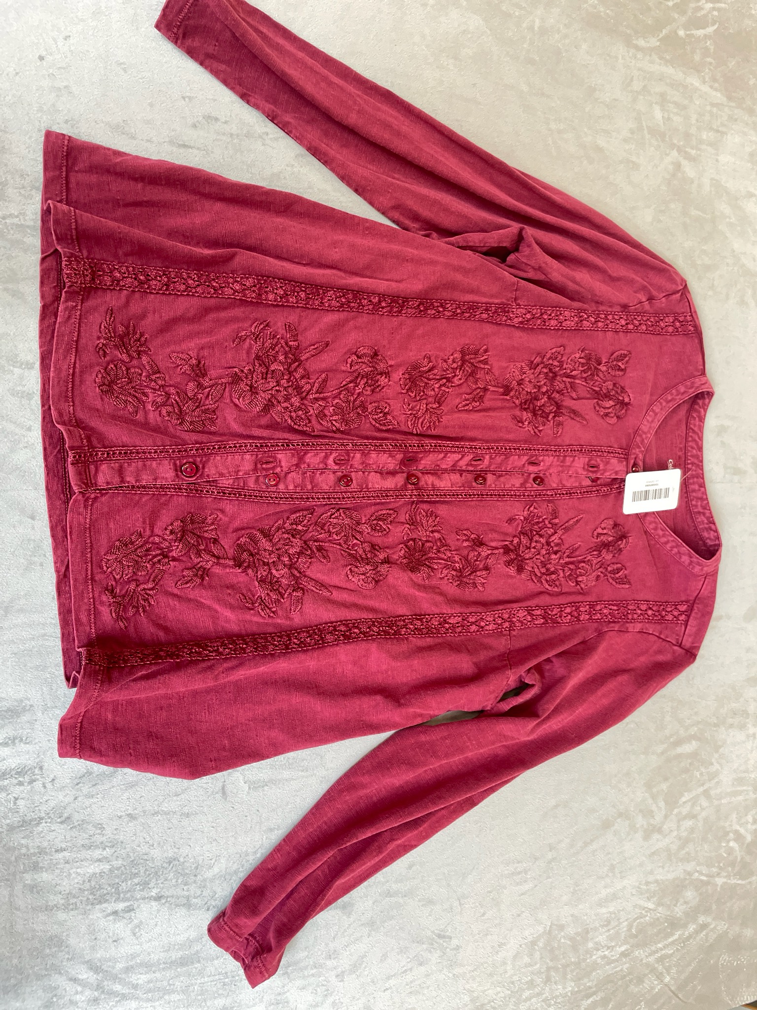 Coldwater Creek Berry Red Embroidered Slub Knit Blouse Size PL